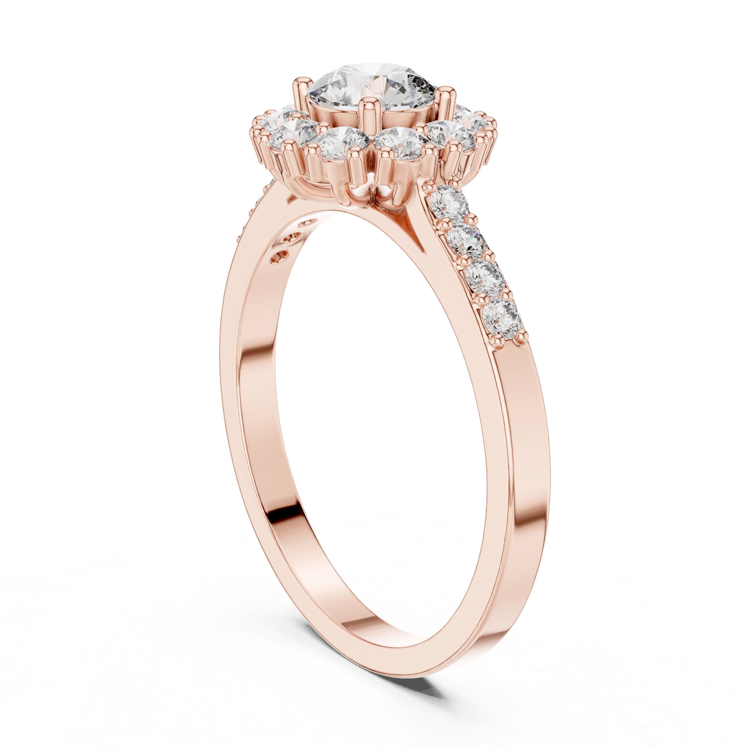 Round Diamond Halo Engagement Ring with Pavé Band 0.97 CTW