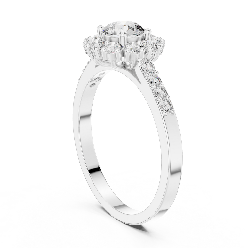 Round Diamond Halo Engagement Ring with Pavé Band 0.97 CTW