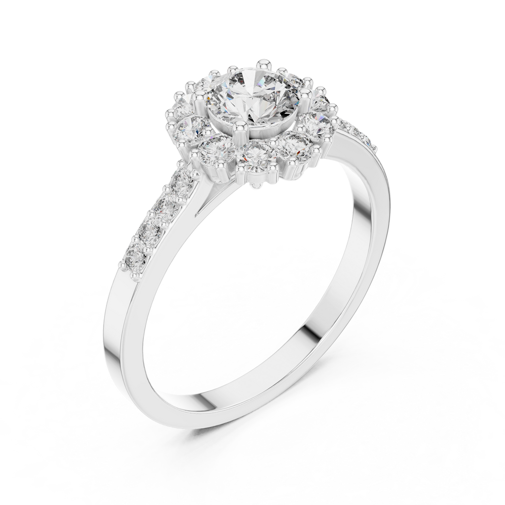 Round Diamond Halo Engagement Ring with Pavé Band 0.97 CTW