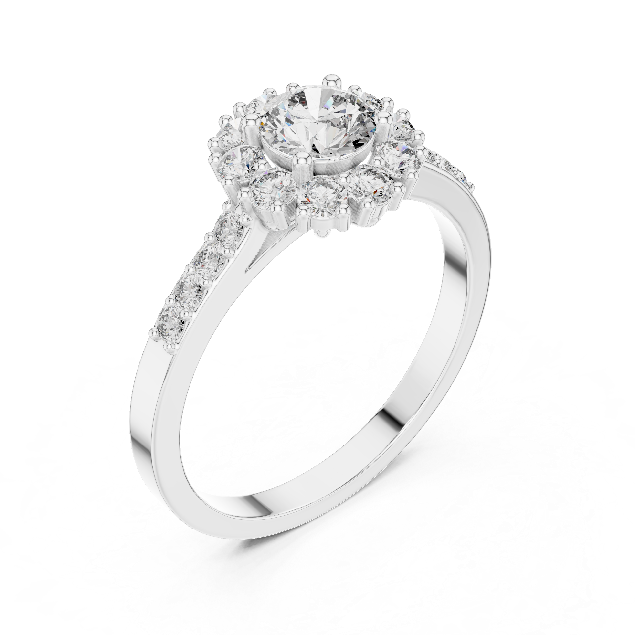 Round Diamond Halo Engagement Ring with Pavé Band 0.97 CTW
