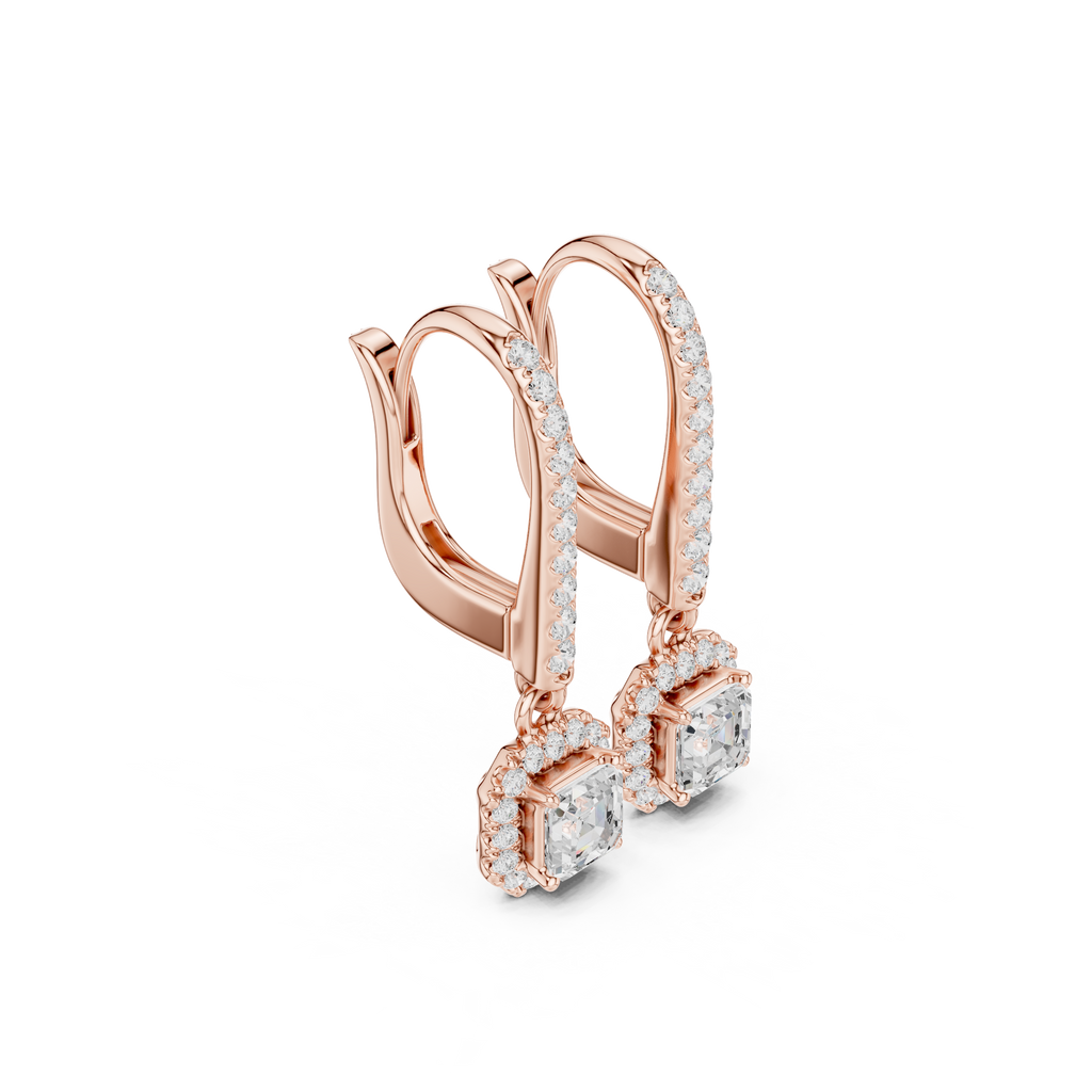 Asscher Cut Diamond Halo Drop Earrings