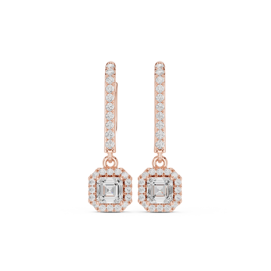 Asscher Cut Diamond Halo Drop Earrings