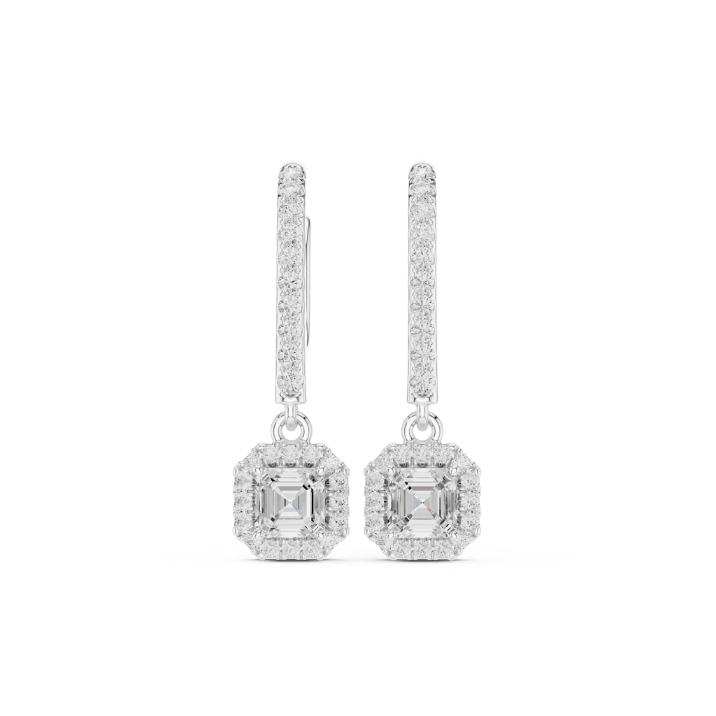 Asscher Cut Diamond Halo Drop Earrings
