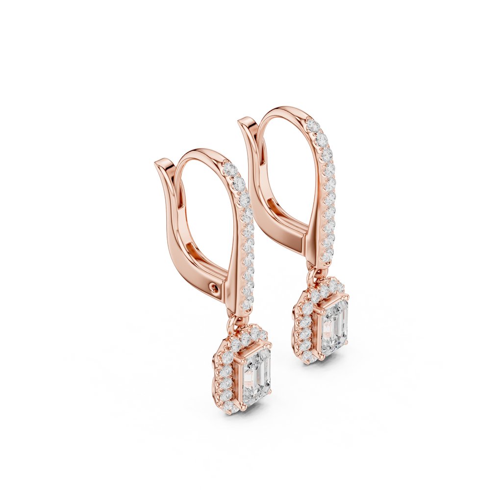 Emerald Cut Diamond Halo Drop Earrings