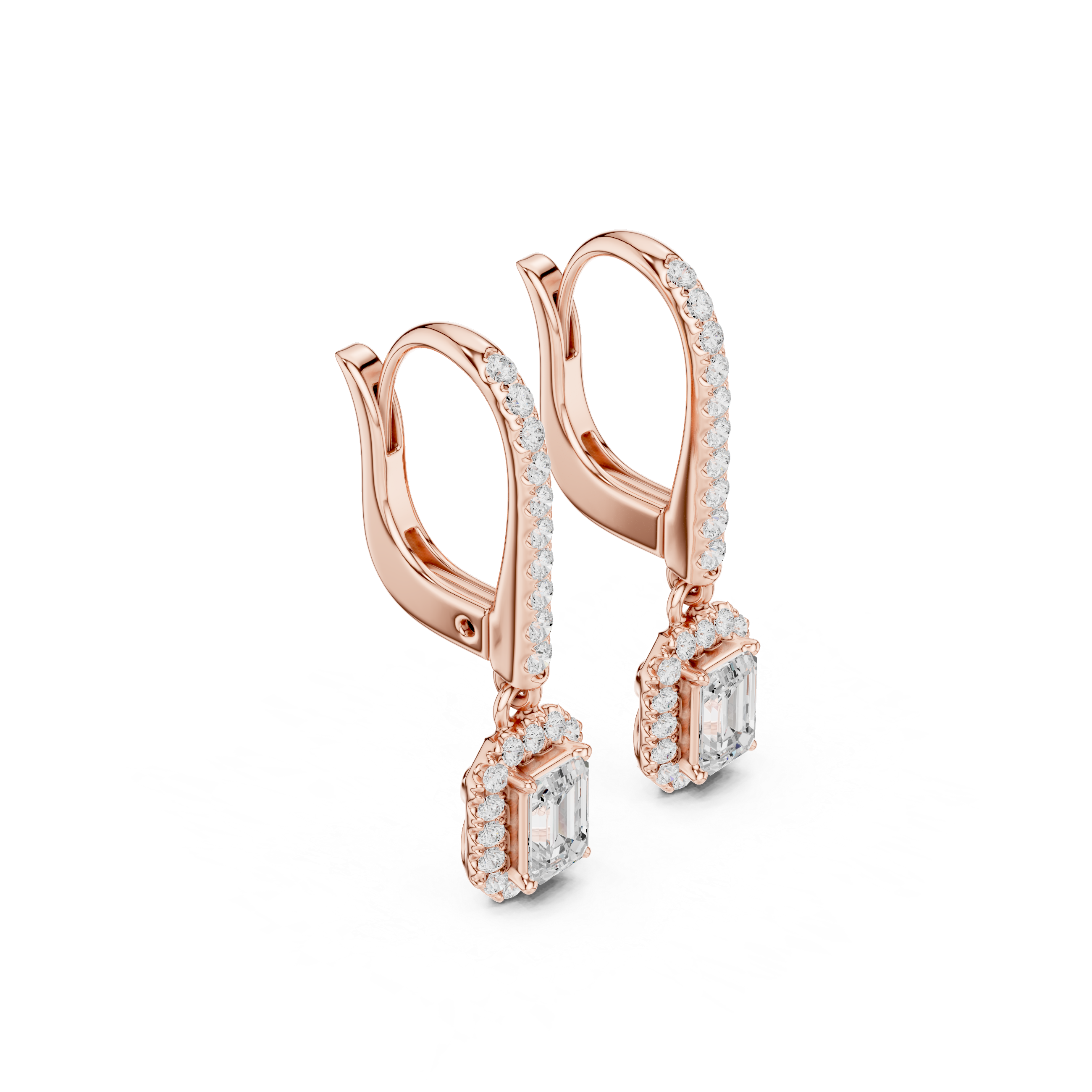 Emerald Cut Diamond Halo Drop Earrings