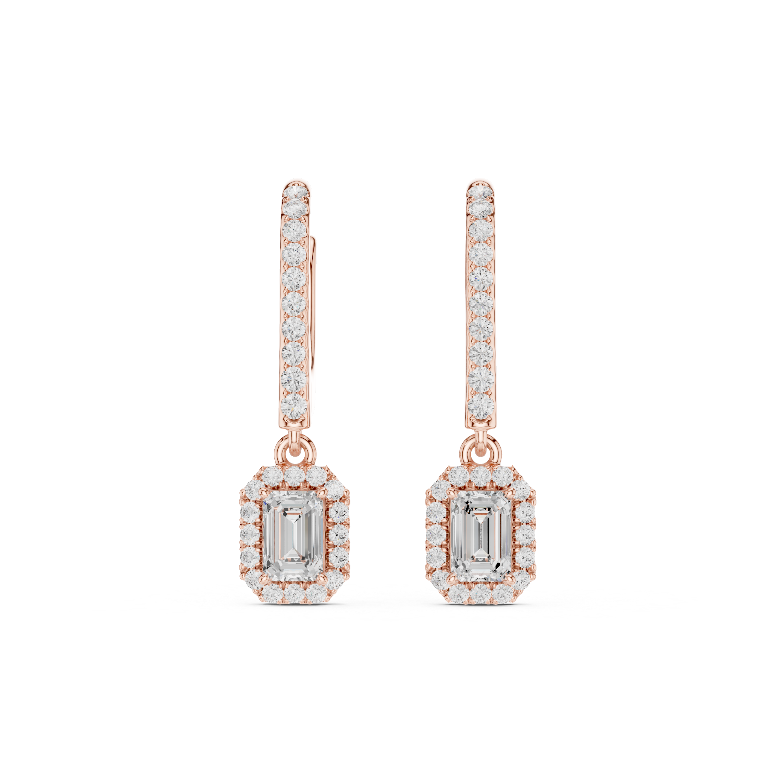 Emerald Cut Diamond Halo Drop Earrings