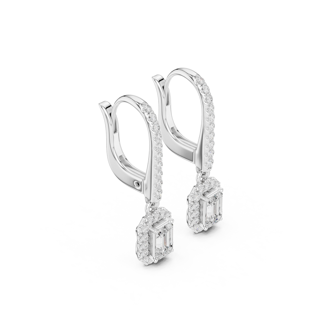 Emerald Cut Diamond Halo Drop Earrings