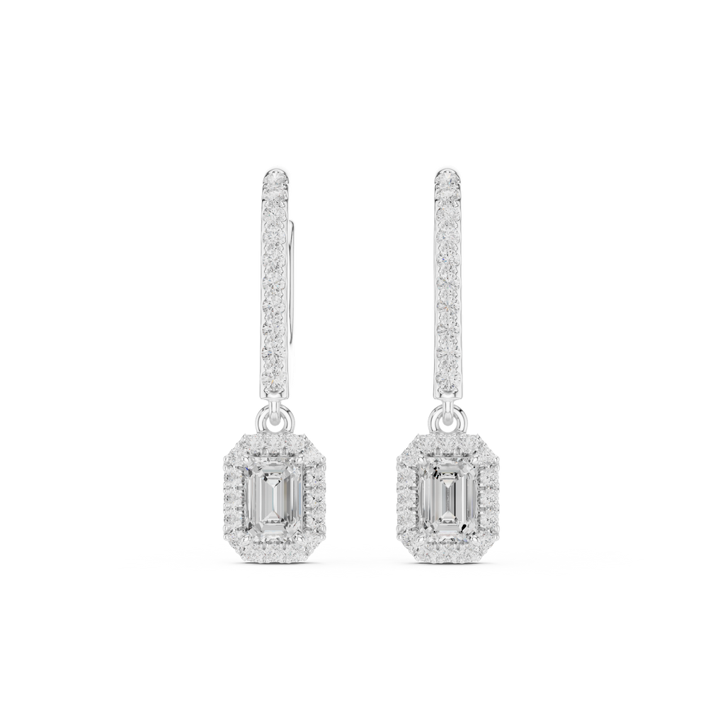Emerald Cut Diamond Halo Drop Earrings