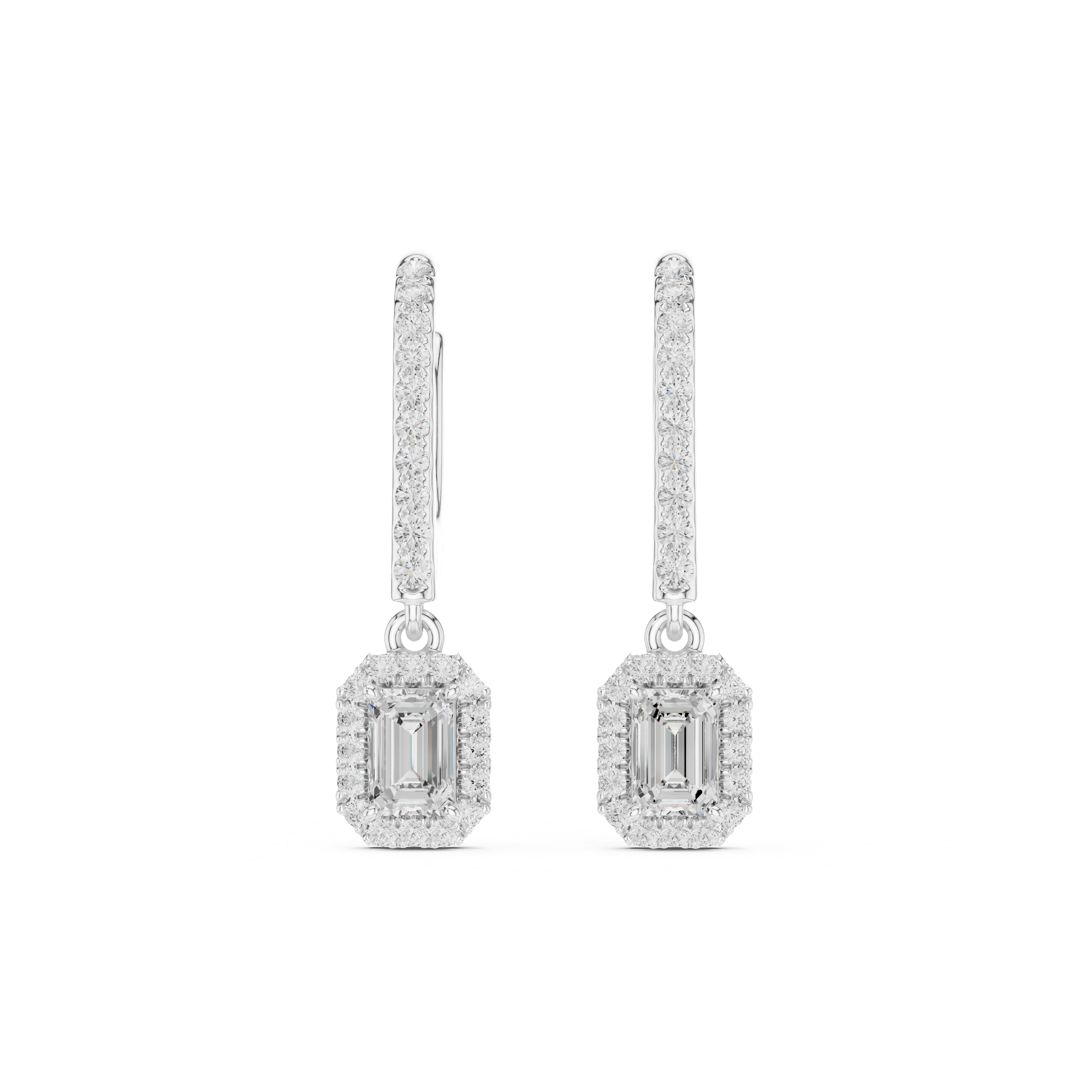 Emerald Cut Diamond Halo Drop Earrings