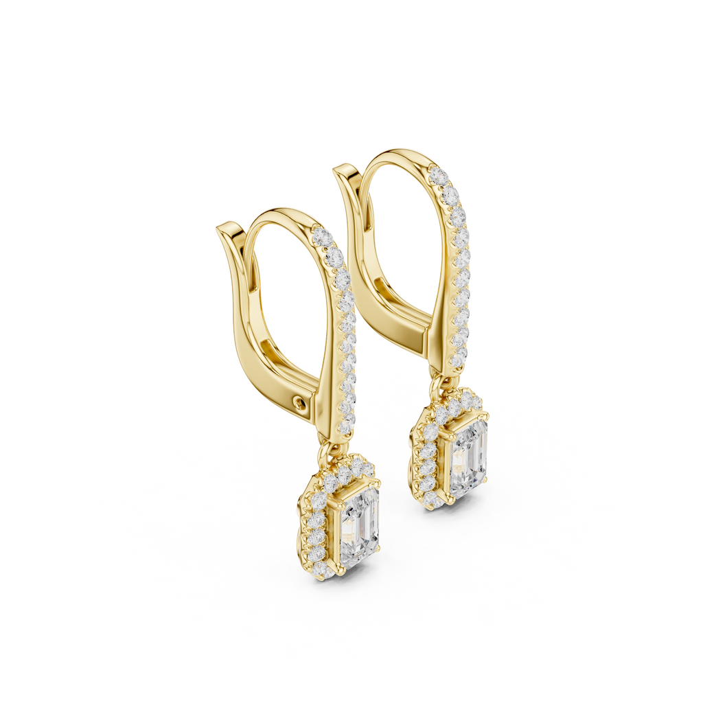 Emerald Cut Diamond Halo Drop Earrings