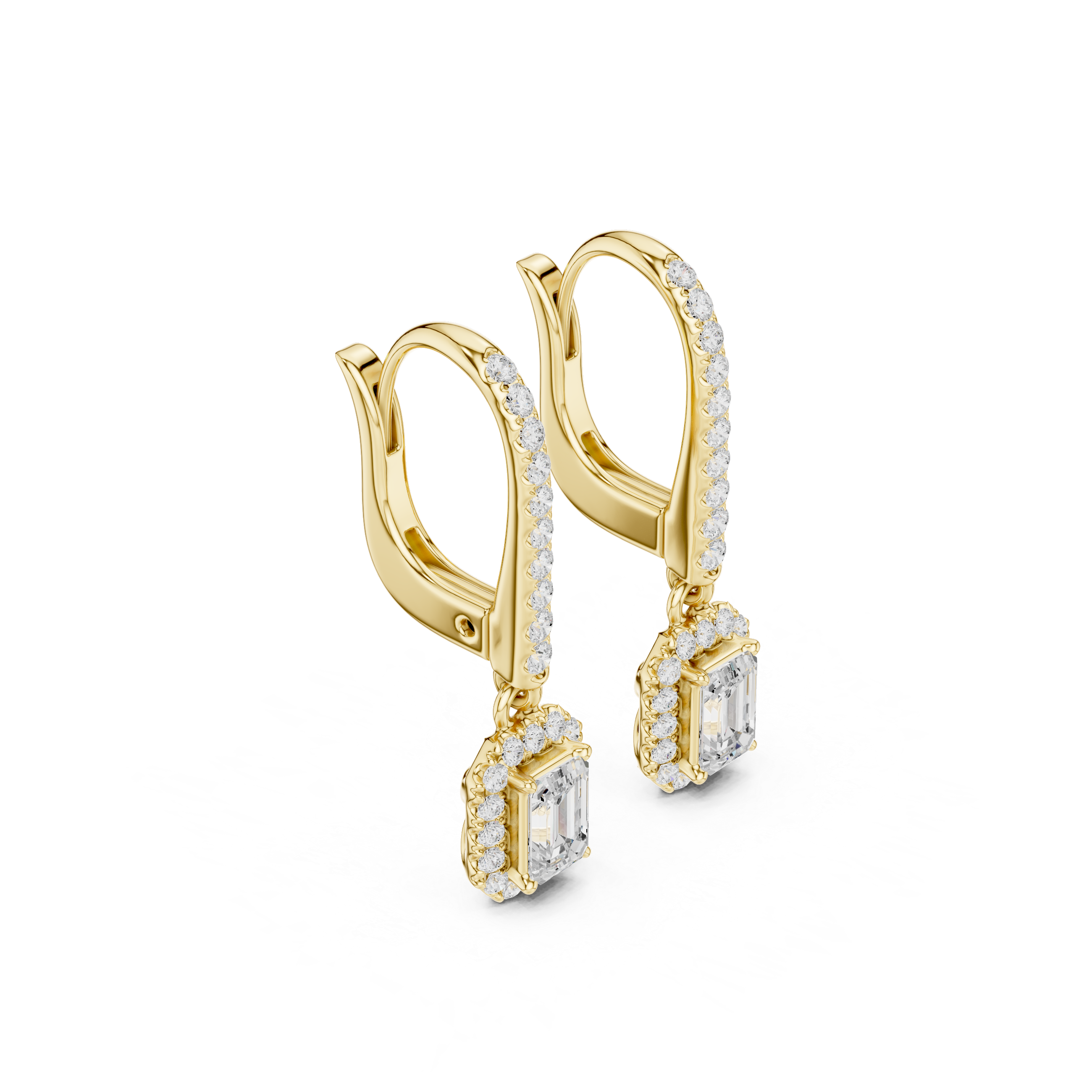Emerald Cut Diamond Halo Drop Earrings