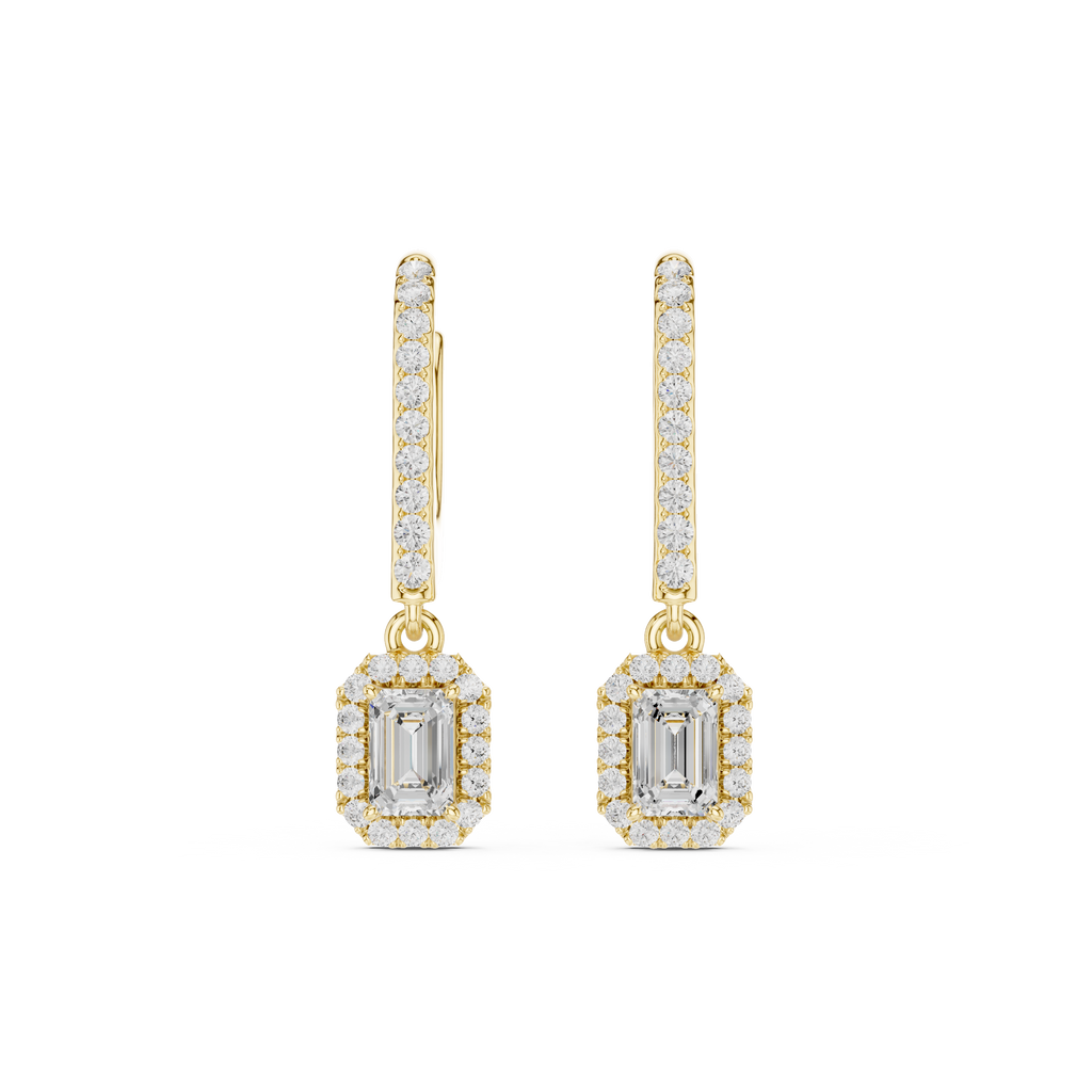 Emerald Cut Diamond Halo Drop Earrings