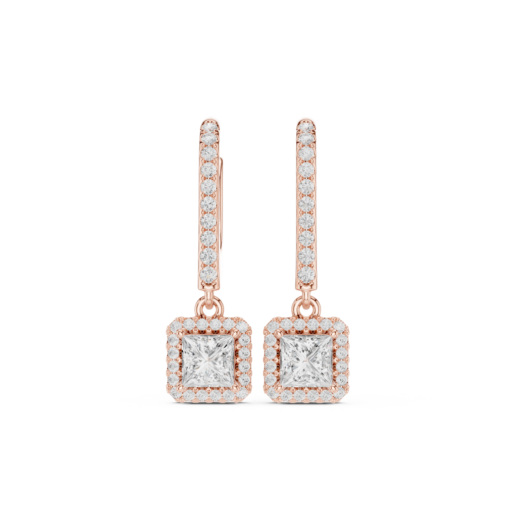 Princess Cut Diamond Halo Drop Earrings