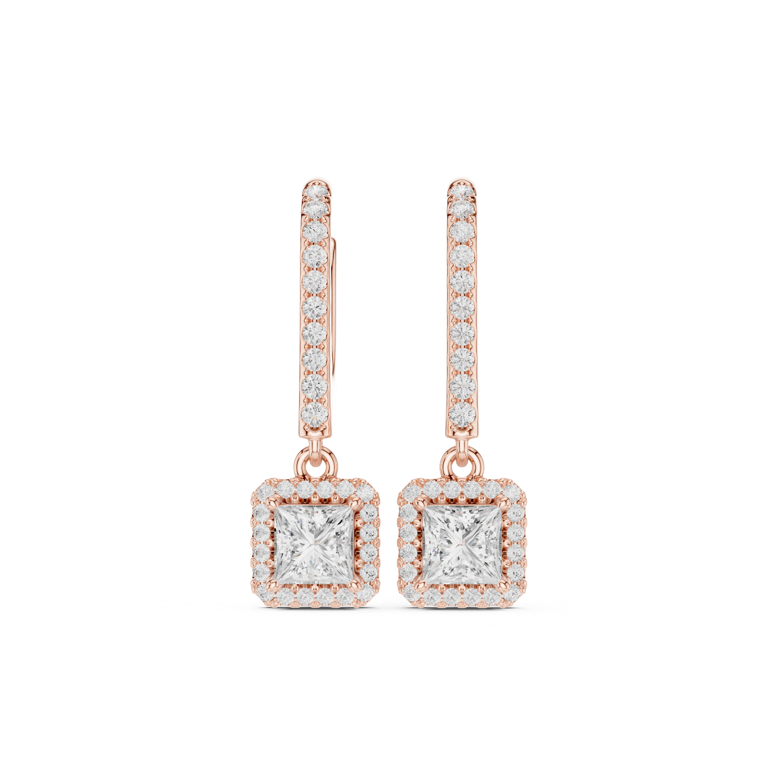 Princess Cut Diamond Halo Drop Earrings