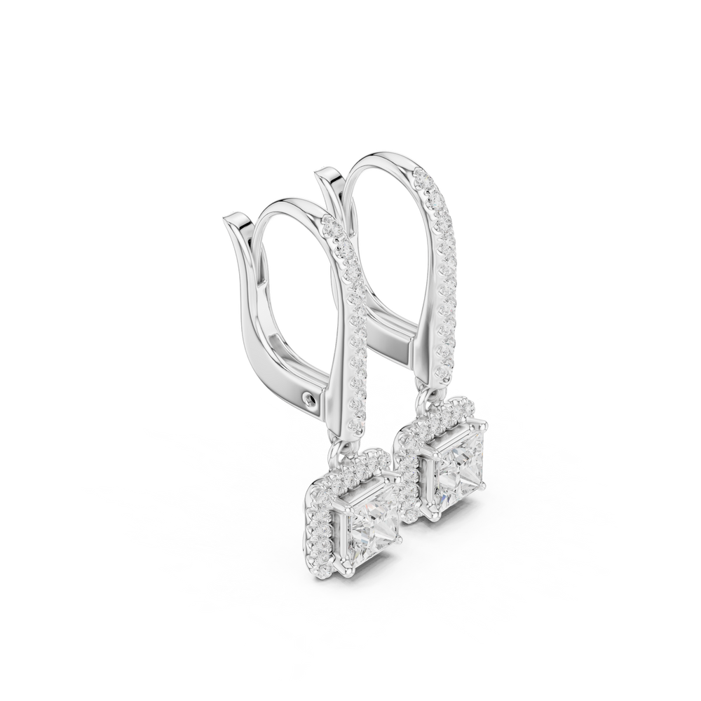 Princess Cut Diamond Halo Drop Earrings