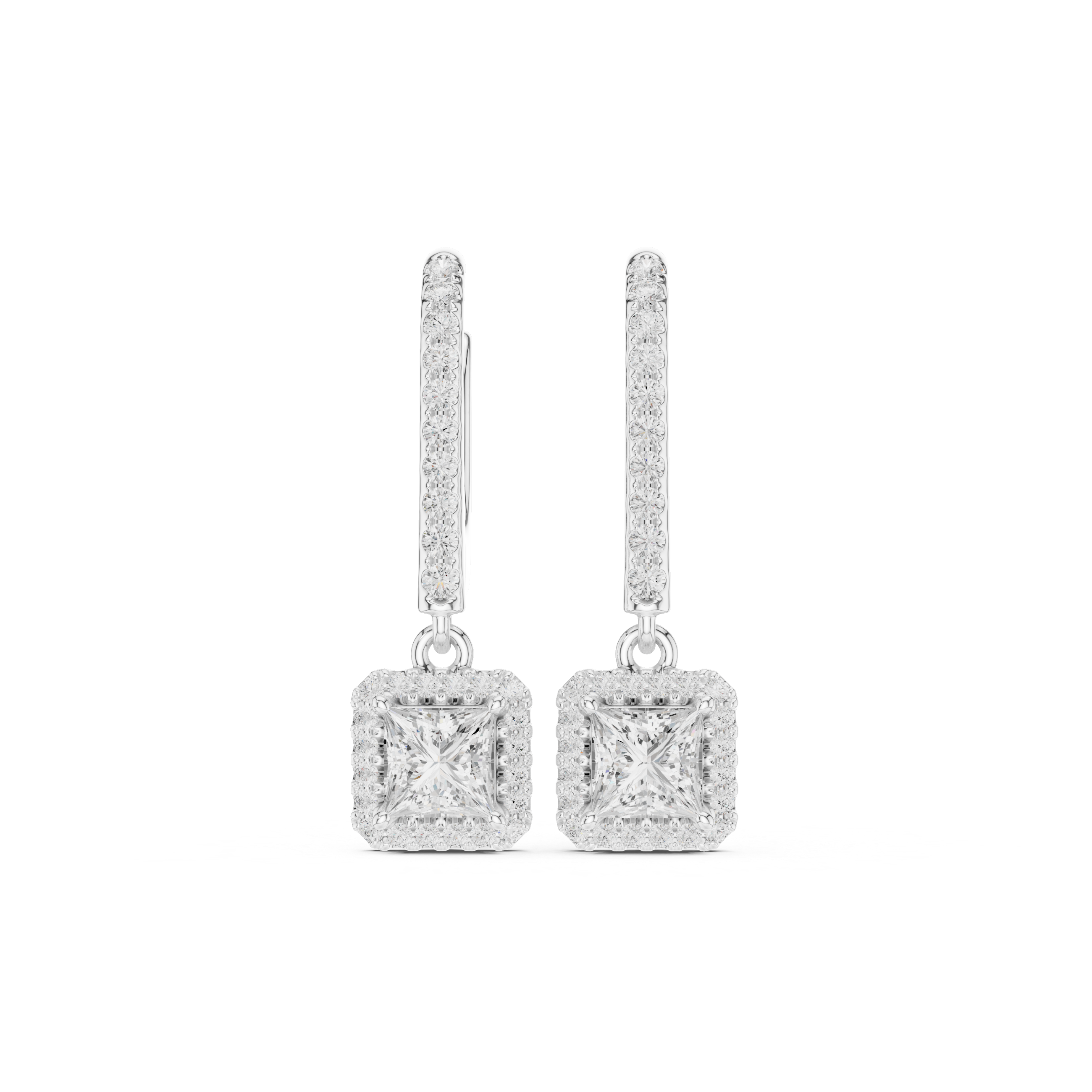 Princess Cut Diamond Halo Drop Earrings