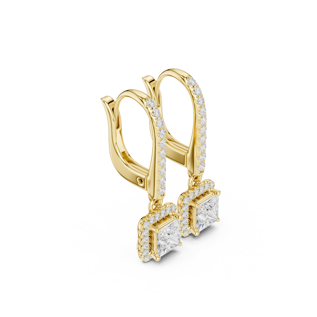 Princess Cut Diamond Halo Drop Earrings