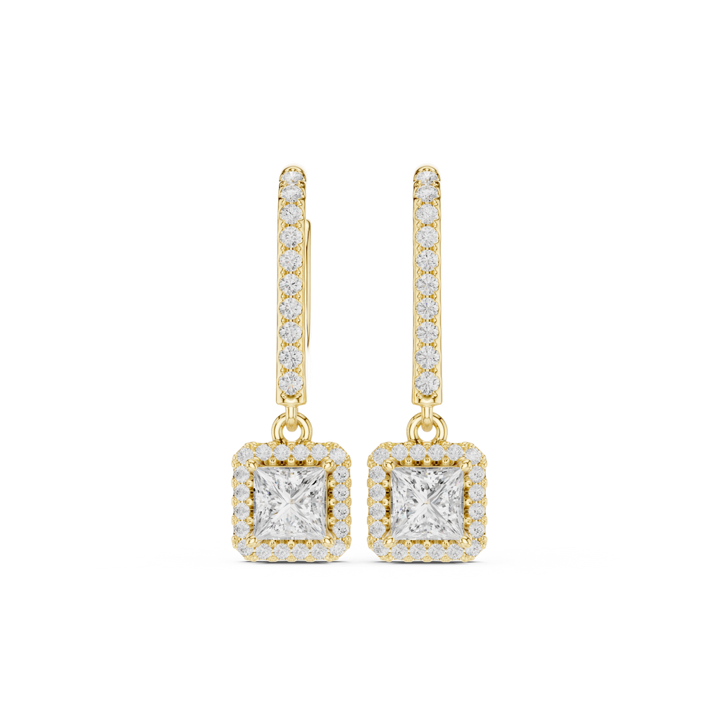 Princess Cut Diamond Halo Drop Earrings