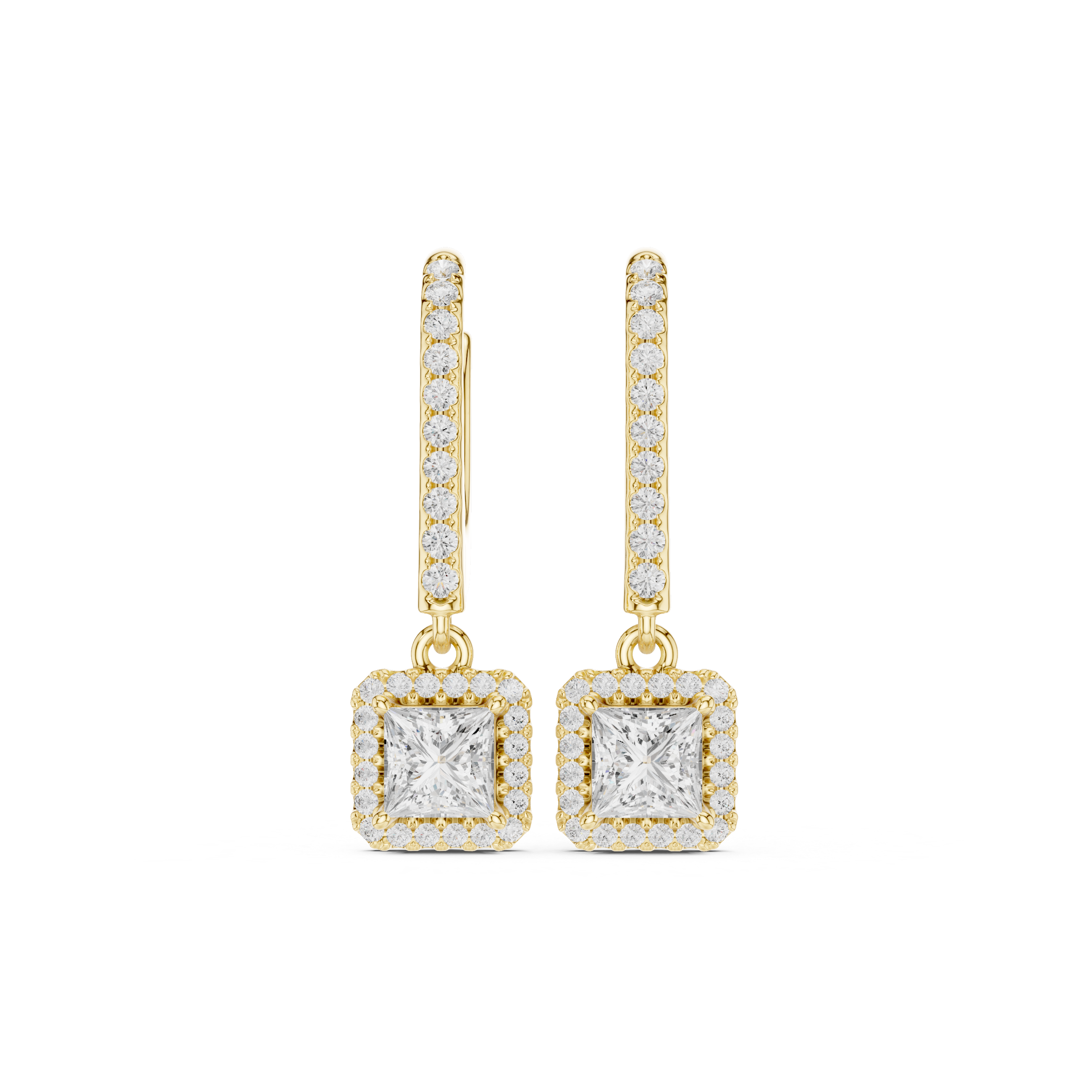 Princess Cut Diamond Halo Drop Earrings