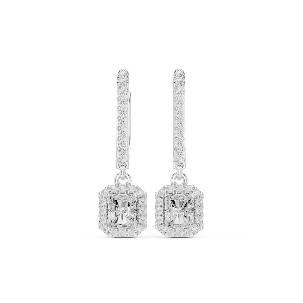 Radiant Cut Diamond Halo Drop Earrings