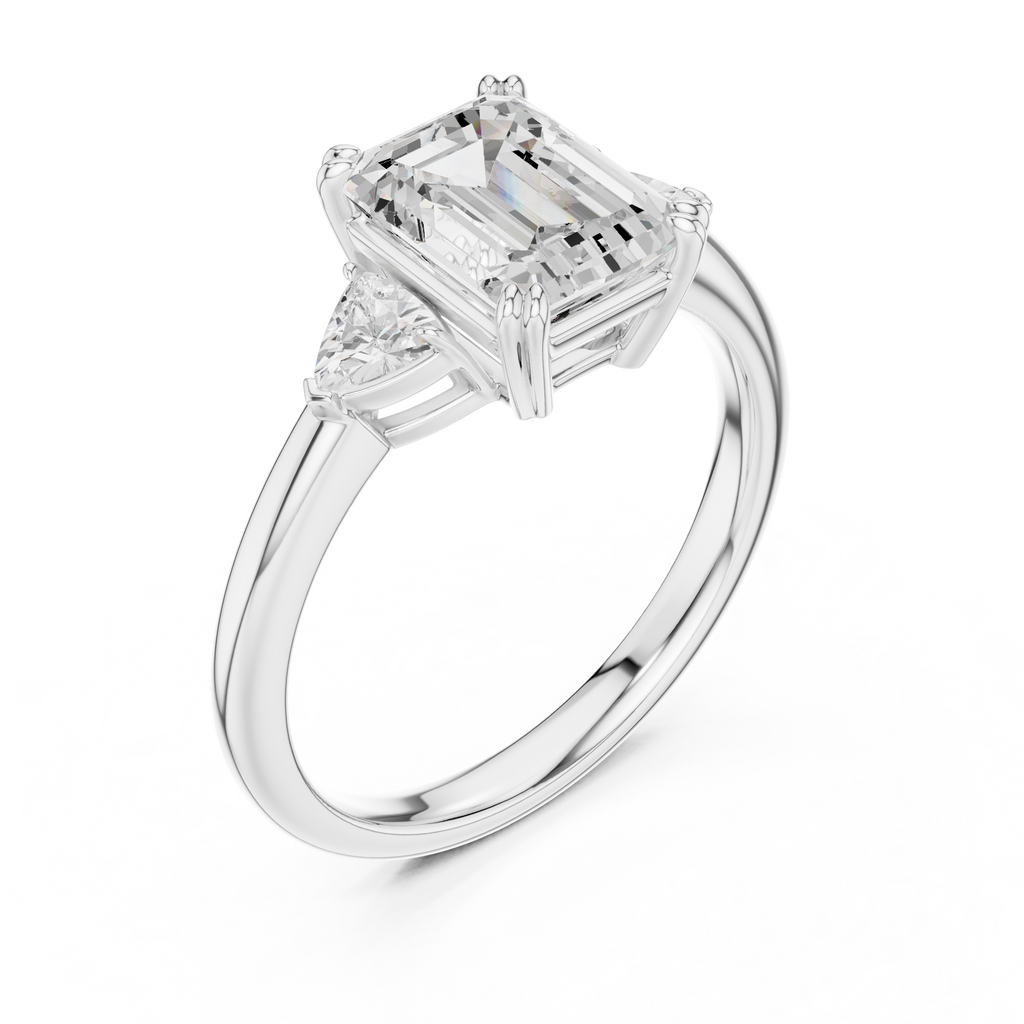 Emerald Cut Three Stone Diamond Engagement Ring with Trillion Side Stones