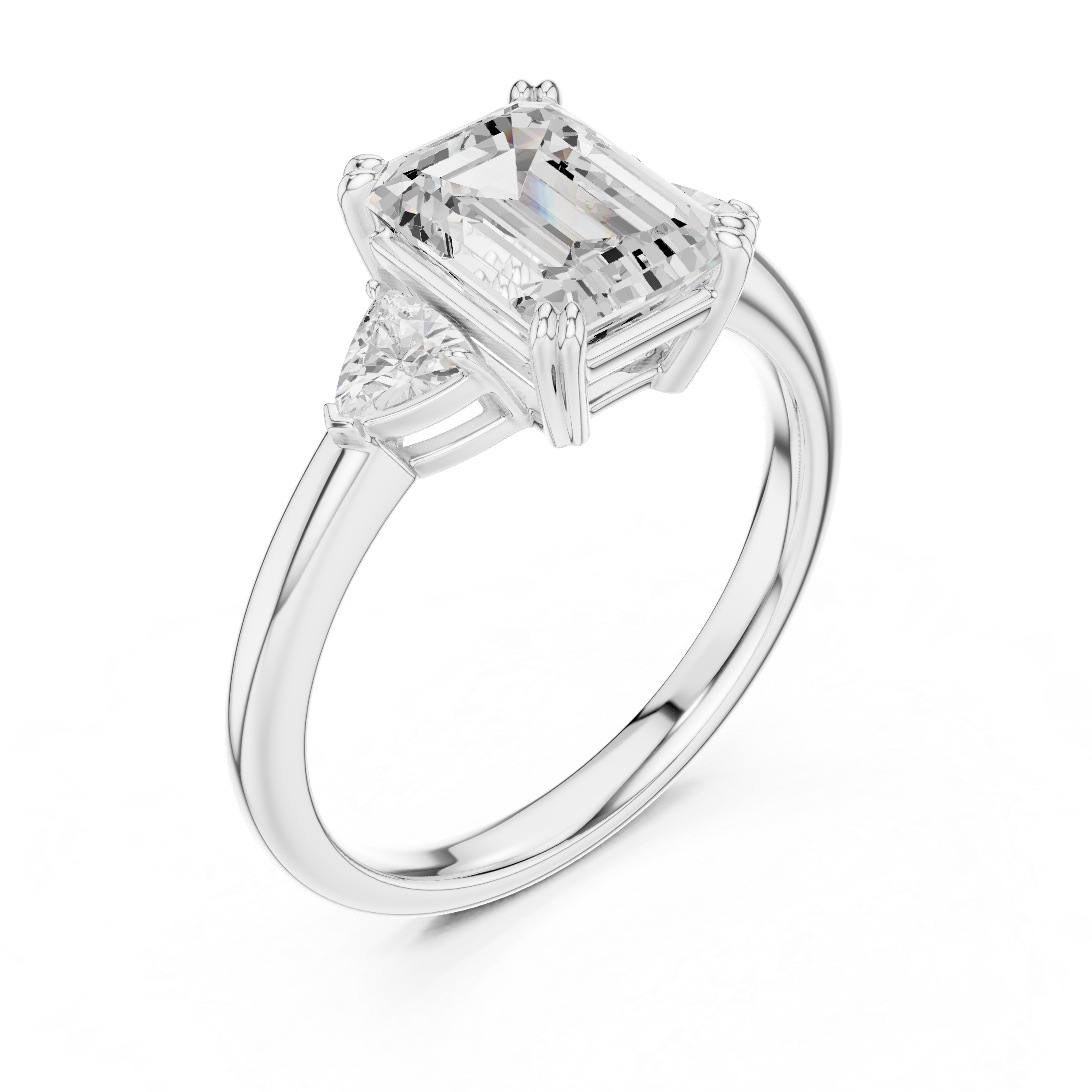 Emerald Cut Three Stone Diamond Engagement Ring with Trillion Side Stones