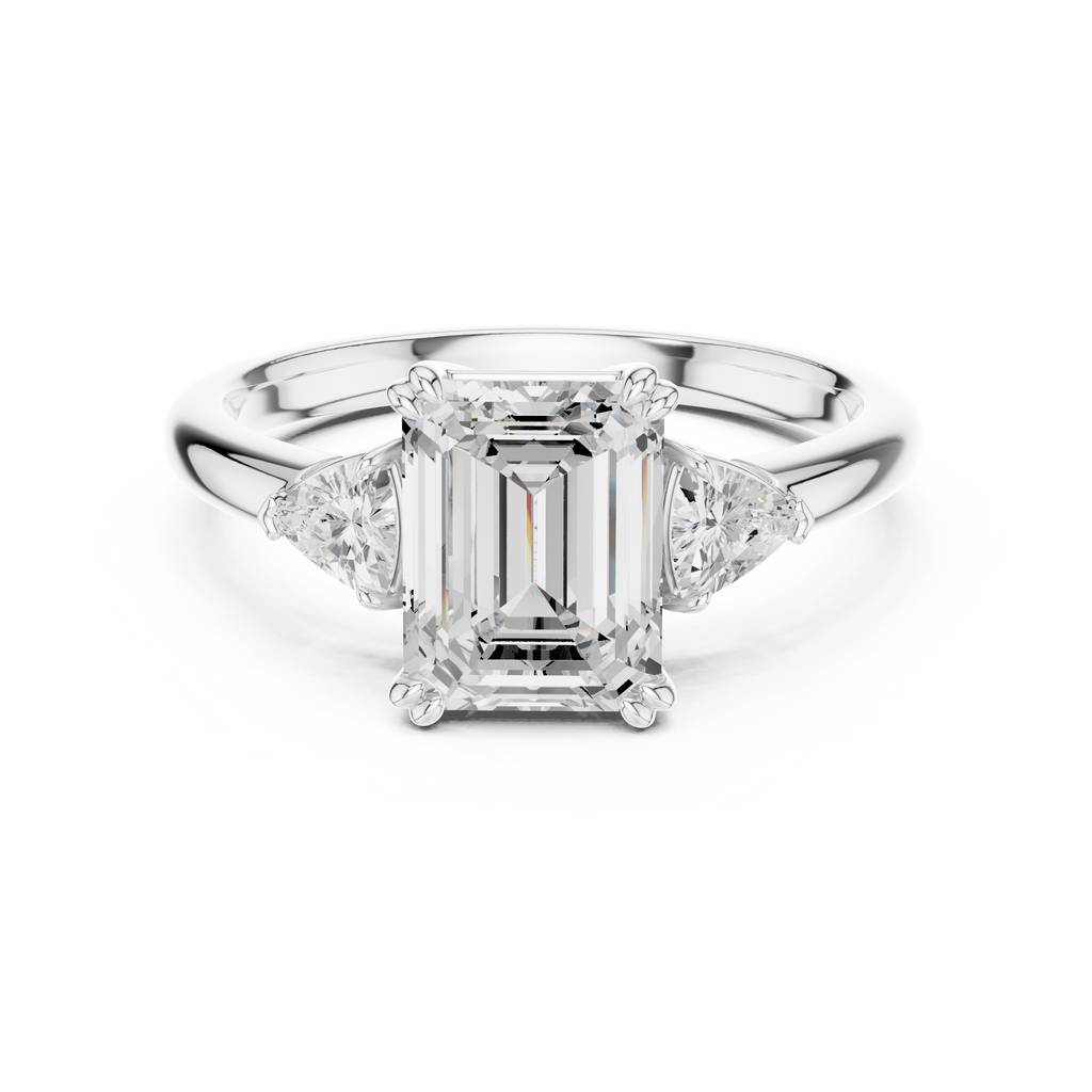 Emerald Cut Three Stone Diamond Engagement Ring with Trillion Side Stones