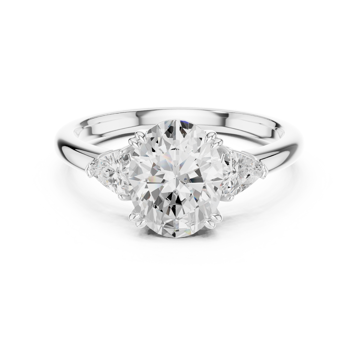 Oval Cut Three Stone Lab Grown Diamond Engagement Ring with Trillion Side Stones – Style DDLR-033 OV-1 — Jewelix Atelier