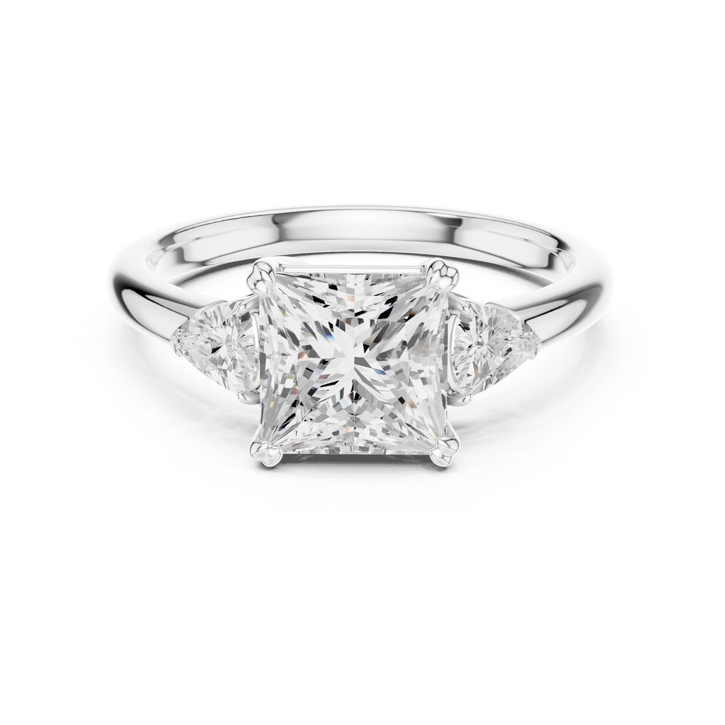 Princess Cut Three Stone Diamond Engagement Ring with Trillion Side Stones