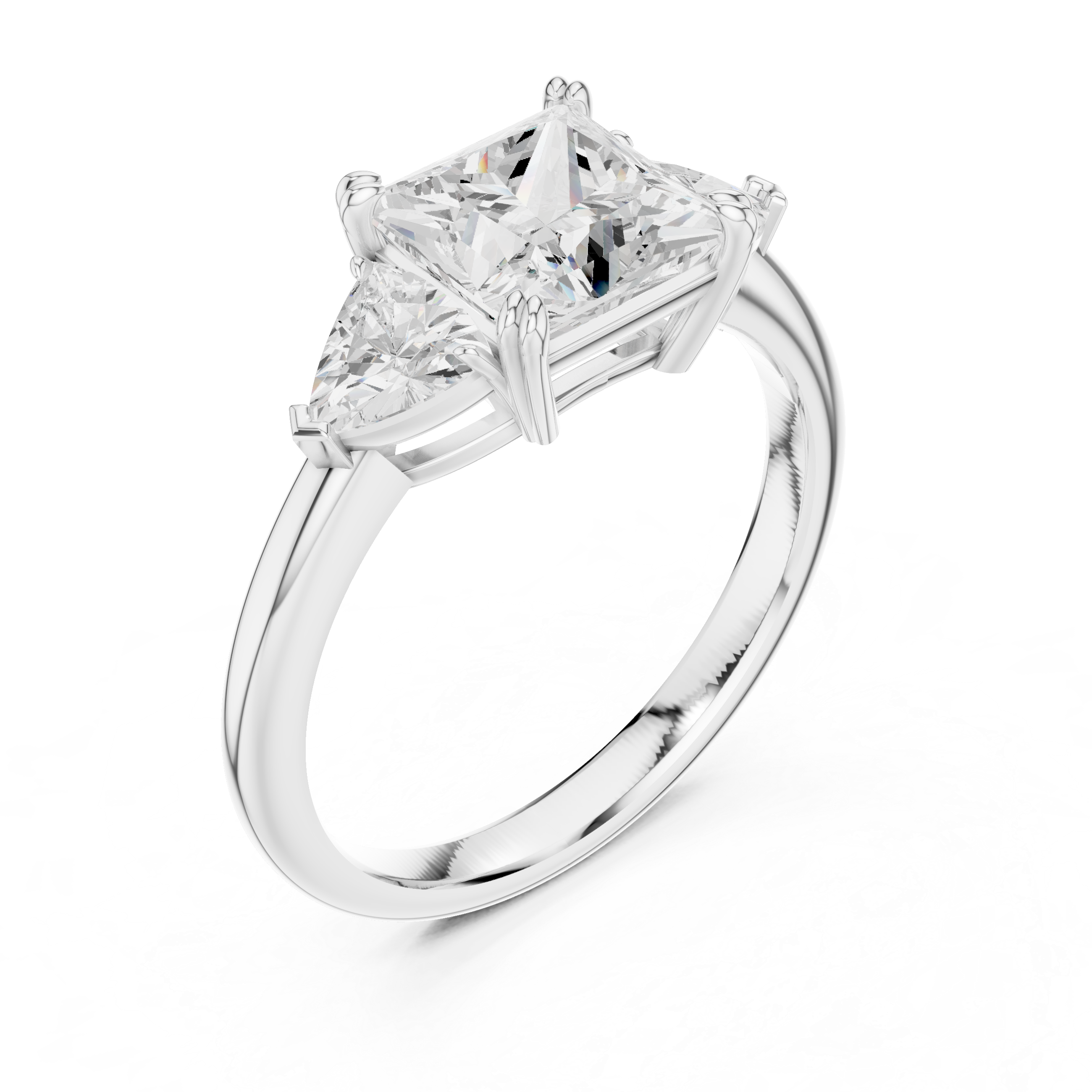 Princess Cut Three Stone Diamond Engagement Ring with Trillion Side Stones