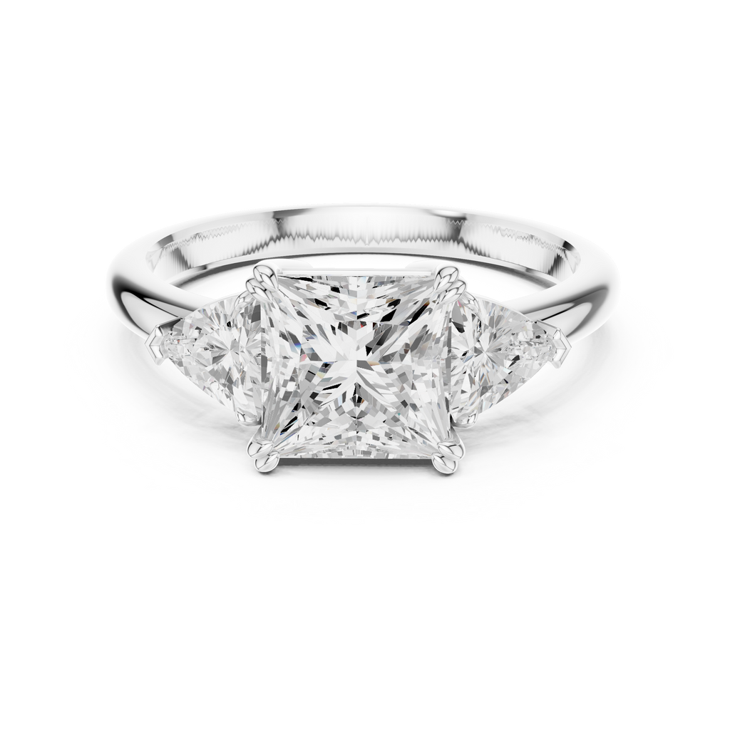 Princess Cut Three Stone Diamond Engagement Ring with Trillion Side Stones