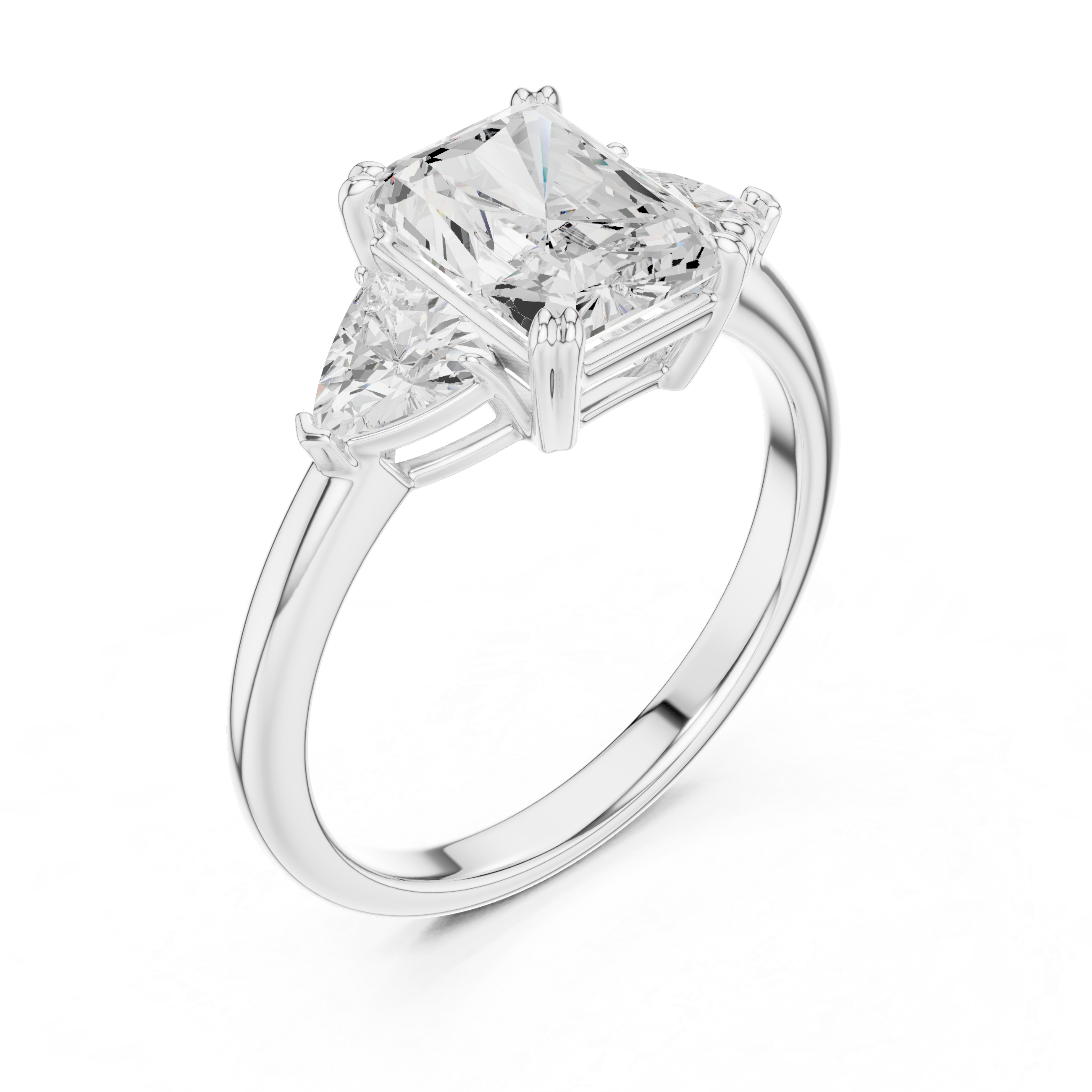 Radiant Cut Three Stone Diamond Engagement Ring with Trillion Side Stones