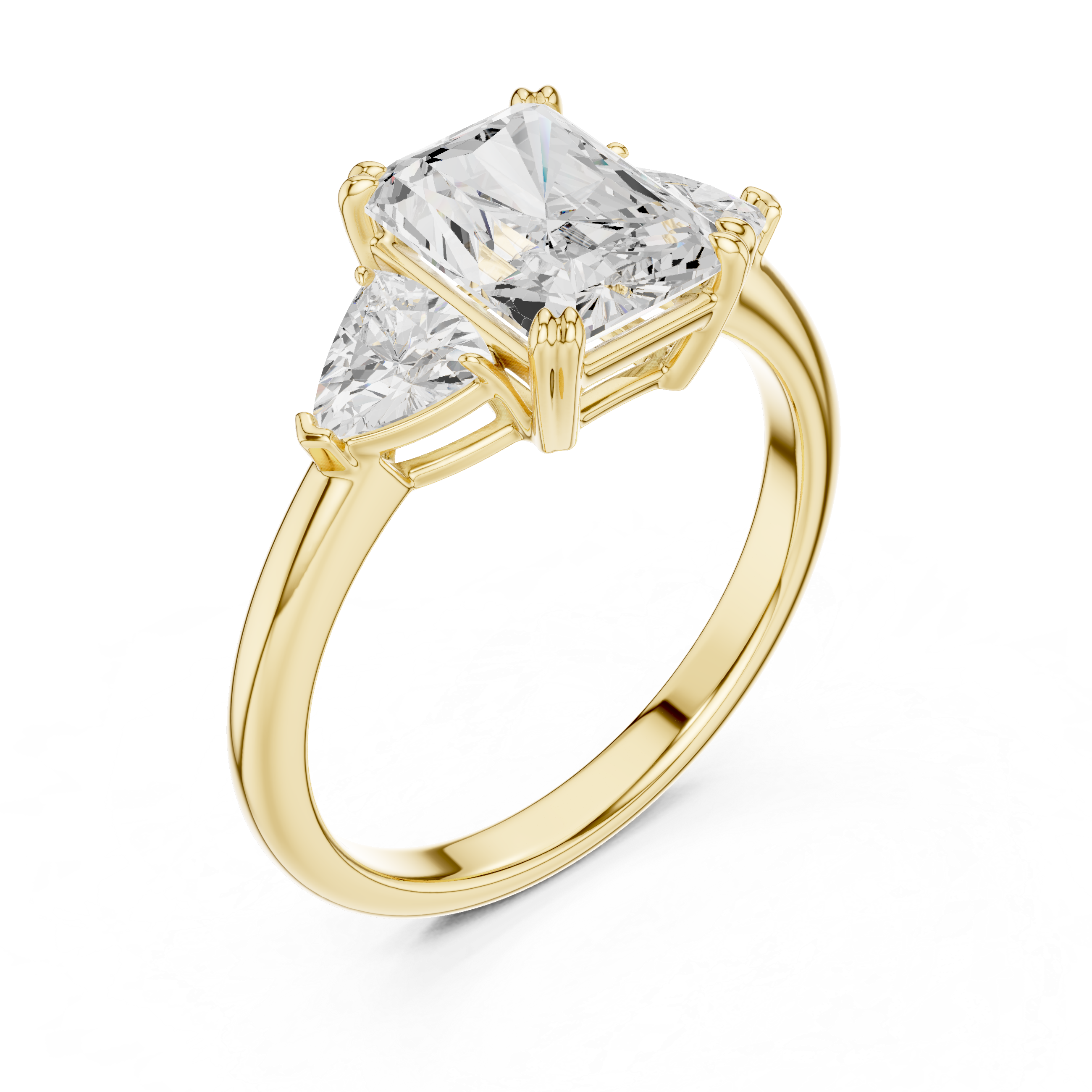 Radiant Cut Three Stone Diamond Engagement Ring with Trillion Side Stones