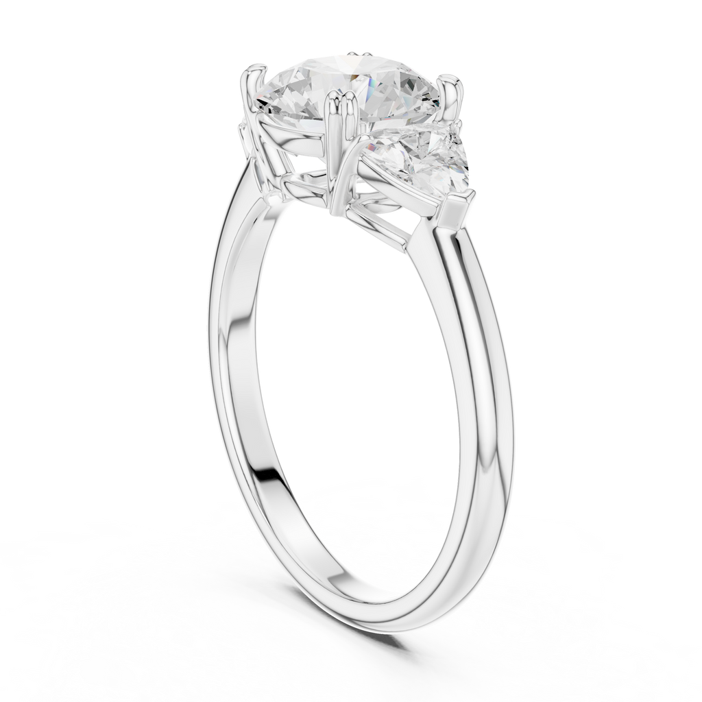 Round Cut Three Stone Diamond Engagement Ring with Trillion Side Stones