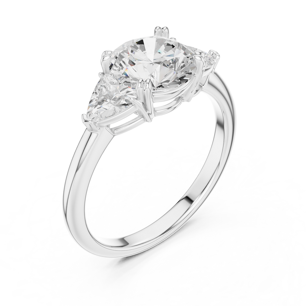 Round Cut Three Stone Diamond Engagement Ring with Trillion Side Stones