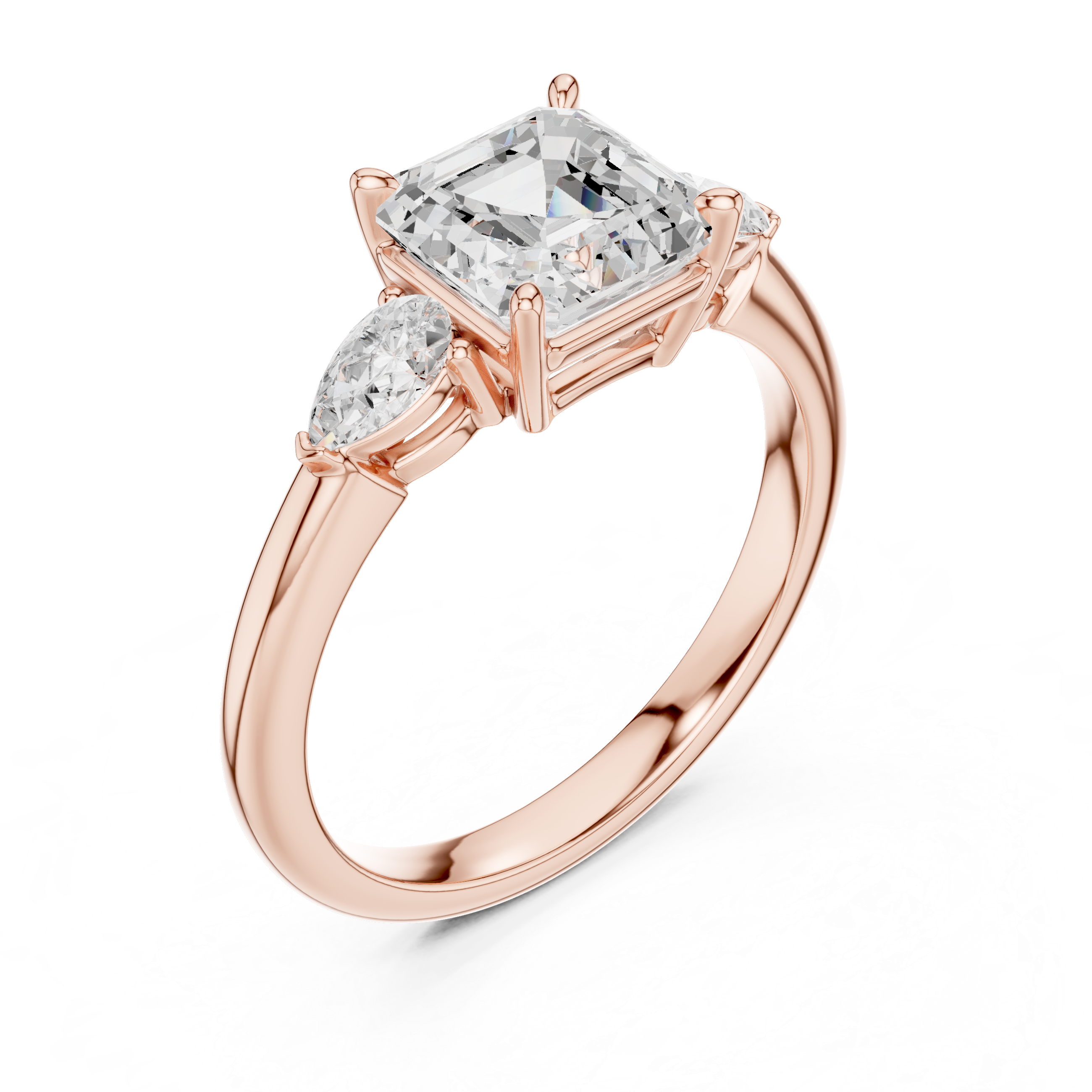 Asscher Cut Three Stone Diamond Engagement Ring with Pear Side Stones