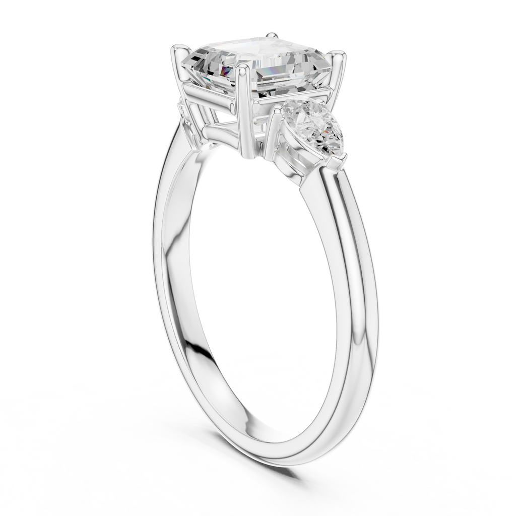 Asscher Cut Three Stone Diamond Engagement Ring with Pear Side Stones