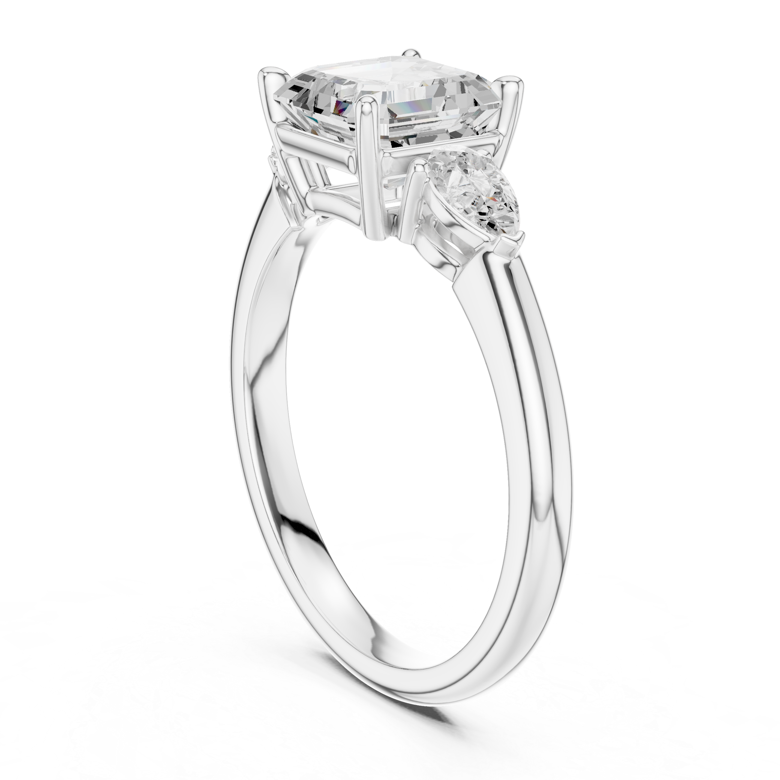 Asscher Cut Three Stone Diamond Engagement Ring with Pear Side Stones