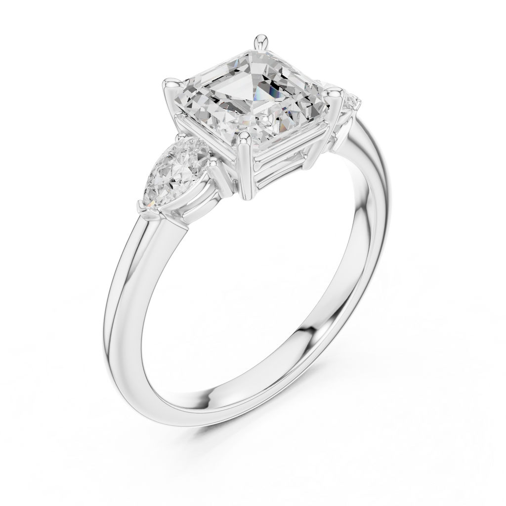 Asscher Cut Three Stone Diamond Engagement Ring with Pear Side Stones