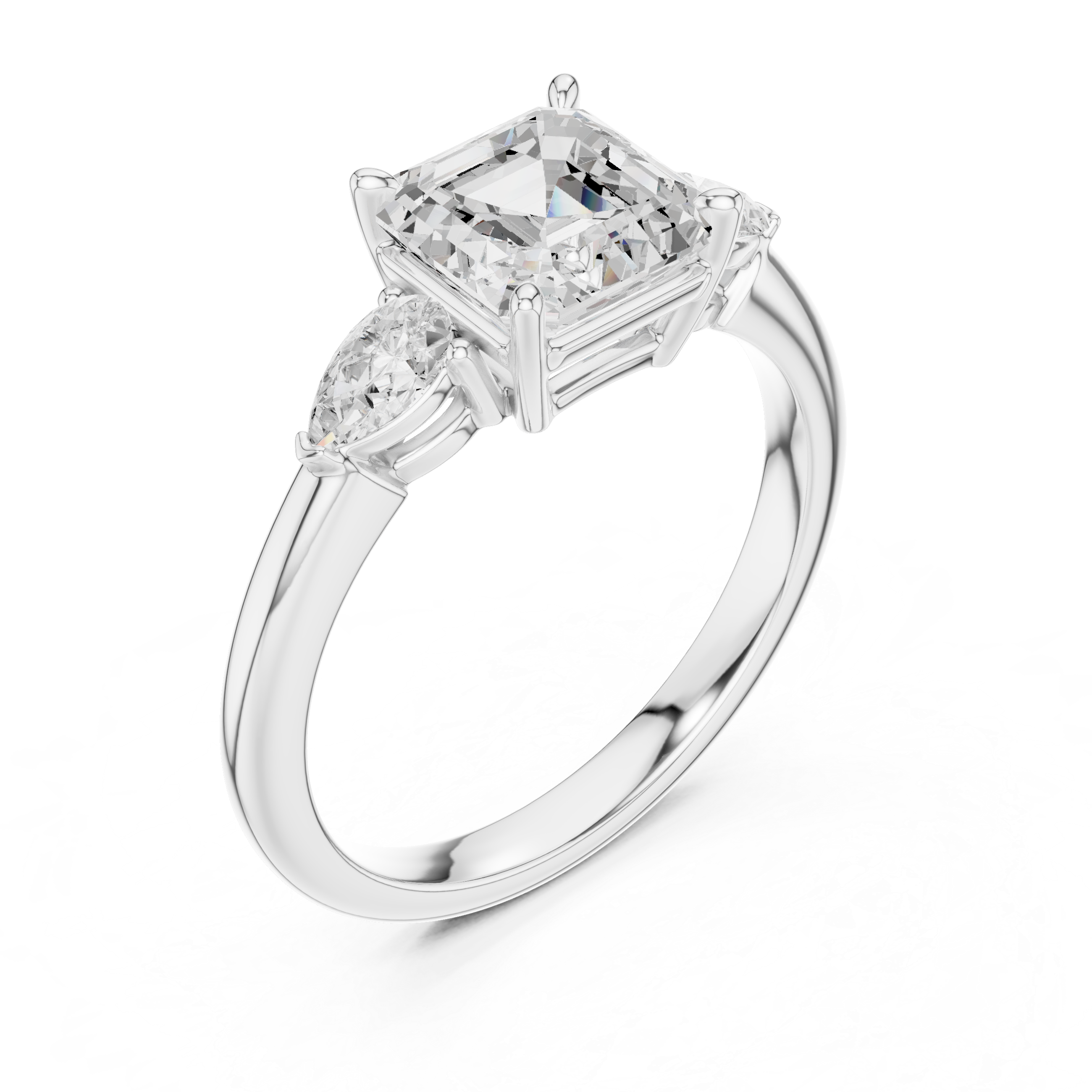 Asscher Cut Three Stone Diamond Engagement Ring with Pear Side Stones