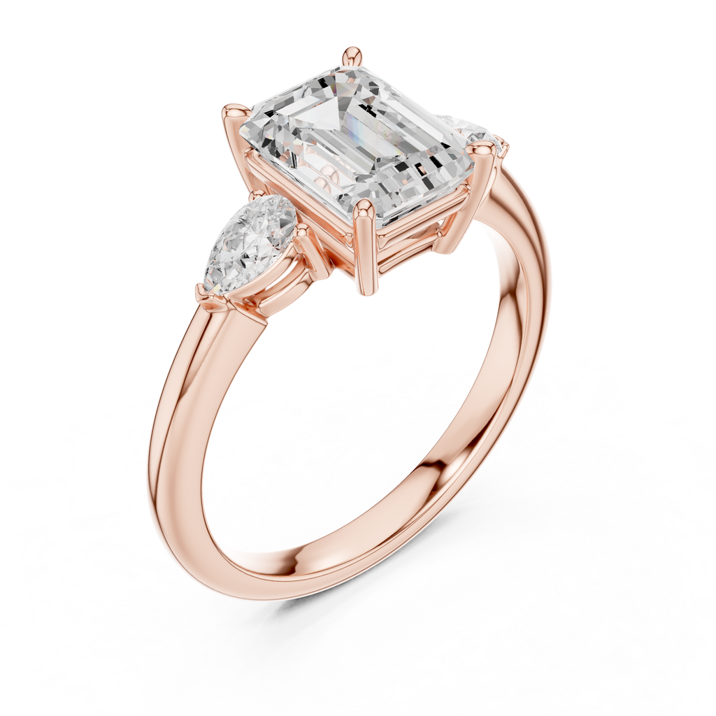 Emerald Cut Three Stone Diamond Engagement Ring with Pear Side Stones