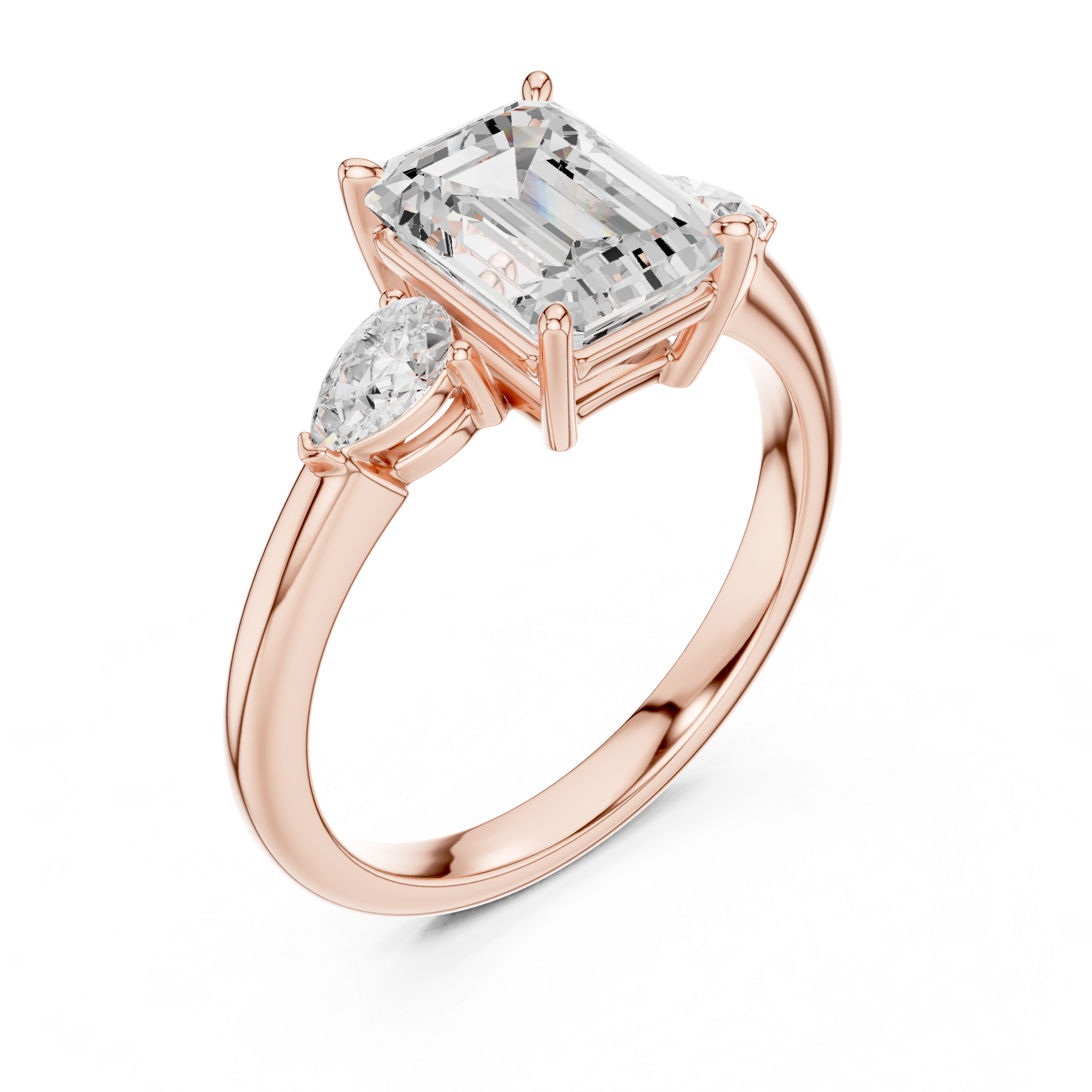 Emerald Cut Three Stone Diamond Engagement Ring with Pear Side Stones