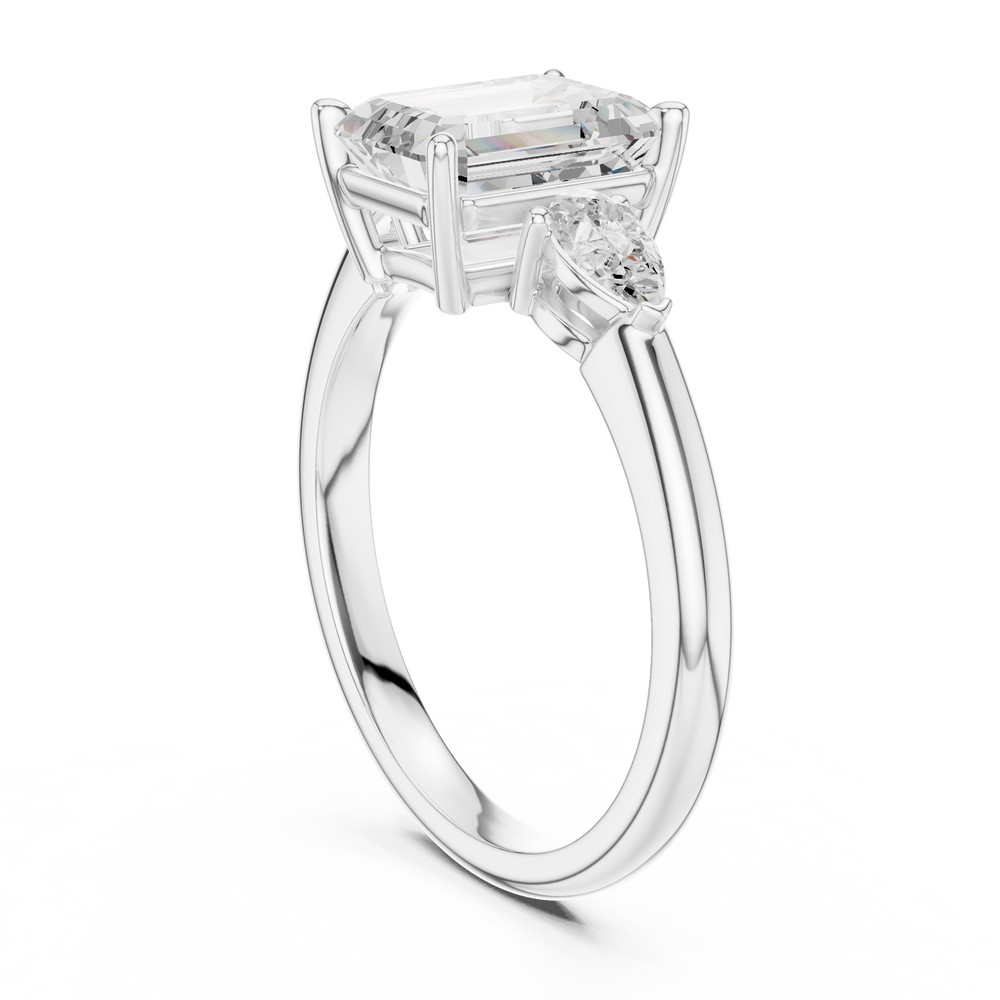 Emerald Cut Three Stone Diamond Engagement Ring with Pear Side Stones