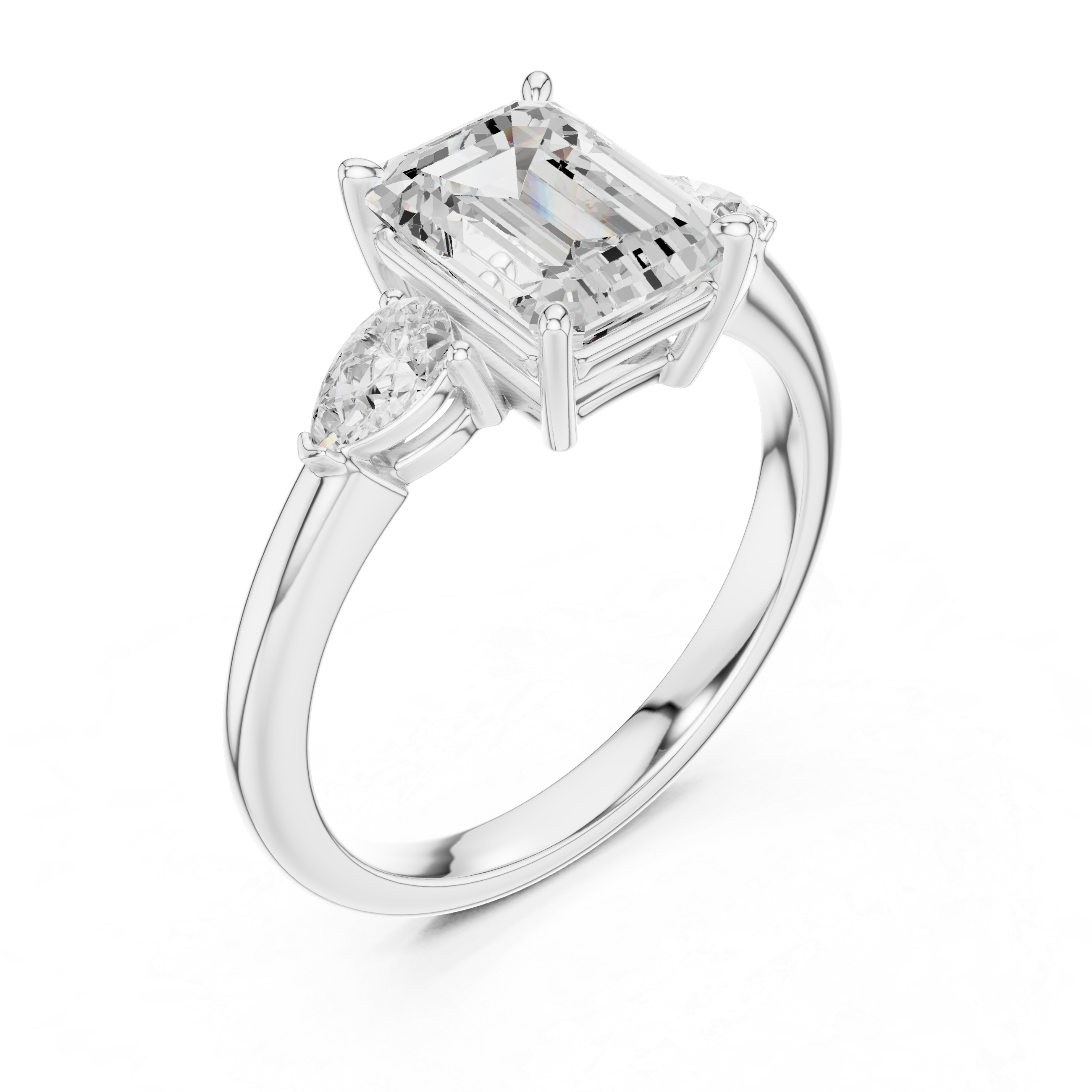 Emerald Cut Three Stone Diamond Engagement Ring with Pear Side Stones