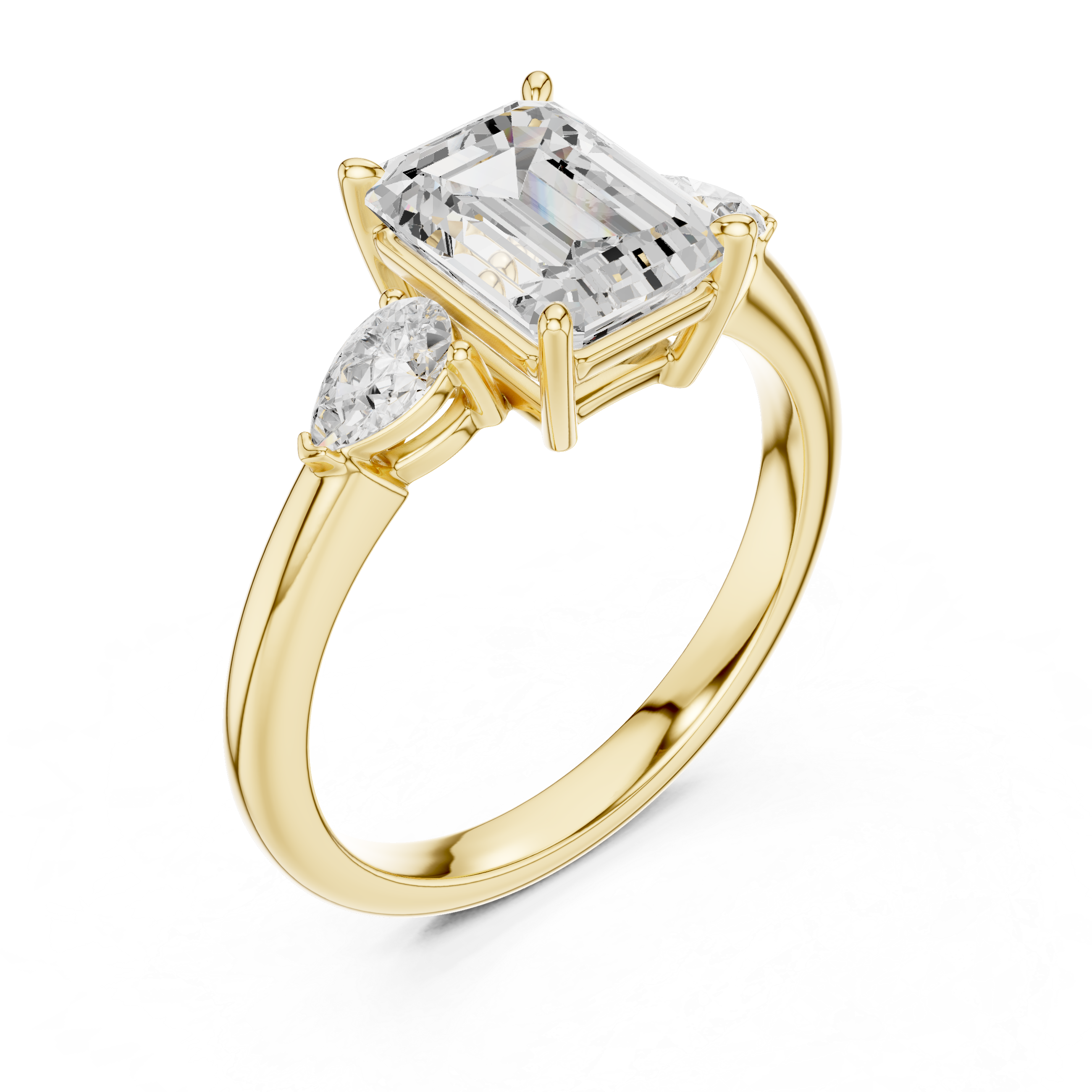 Emerald Cut Three Stone Diamond Engagement Ring with Pear Side Stones