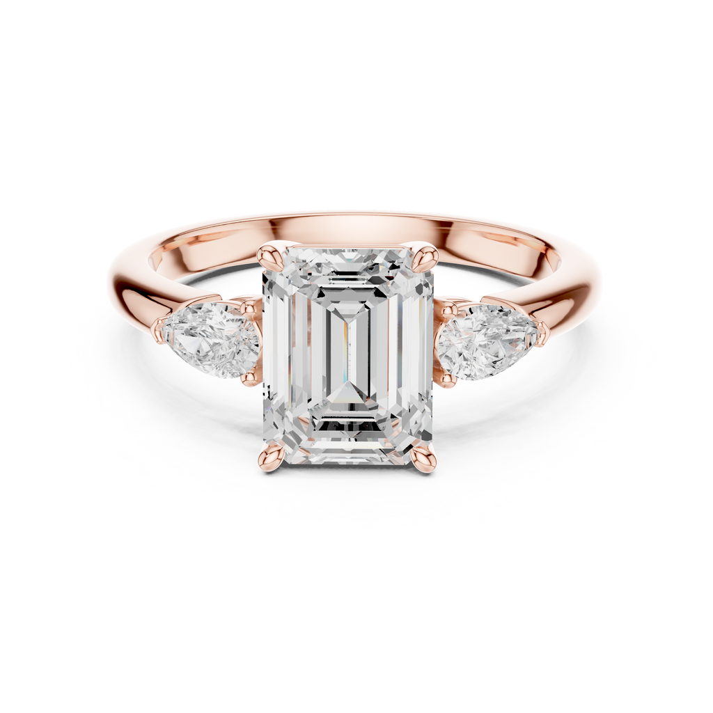 Emerald Cut Three Stone Diamond Engagement Ring with Pear Side Stones