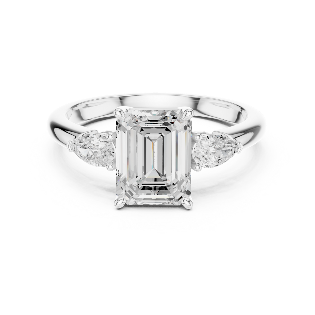 Emerald Cut Three Stone Diamond Engagement Ring with Pear Side Stones