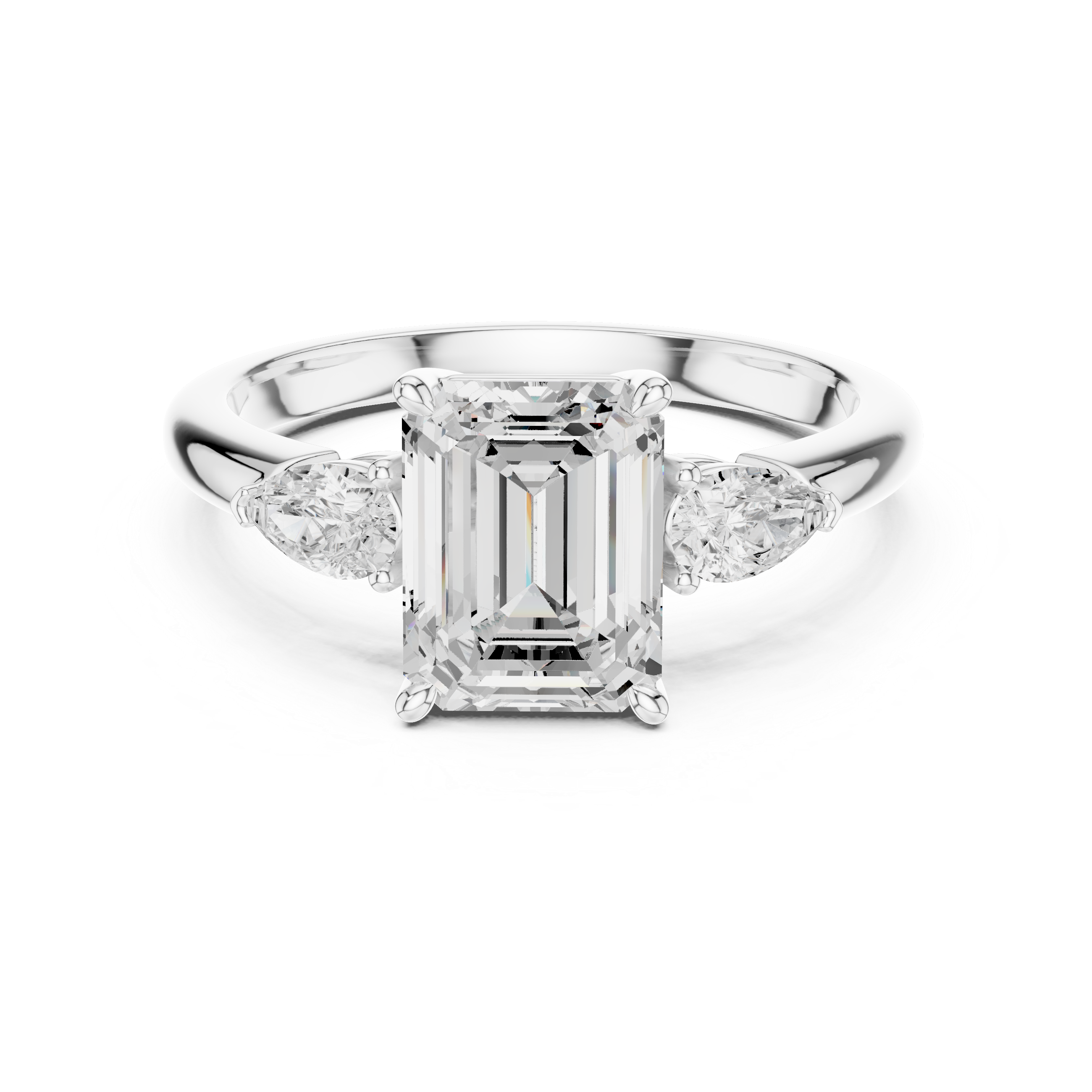 Emerald Cut Three Stone Diamond Engagement Ring with Pear Side Stones