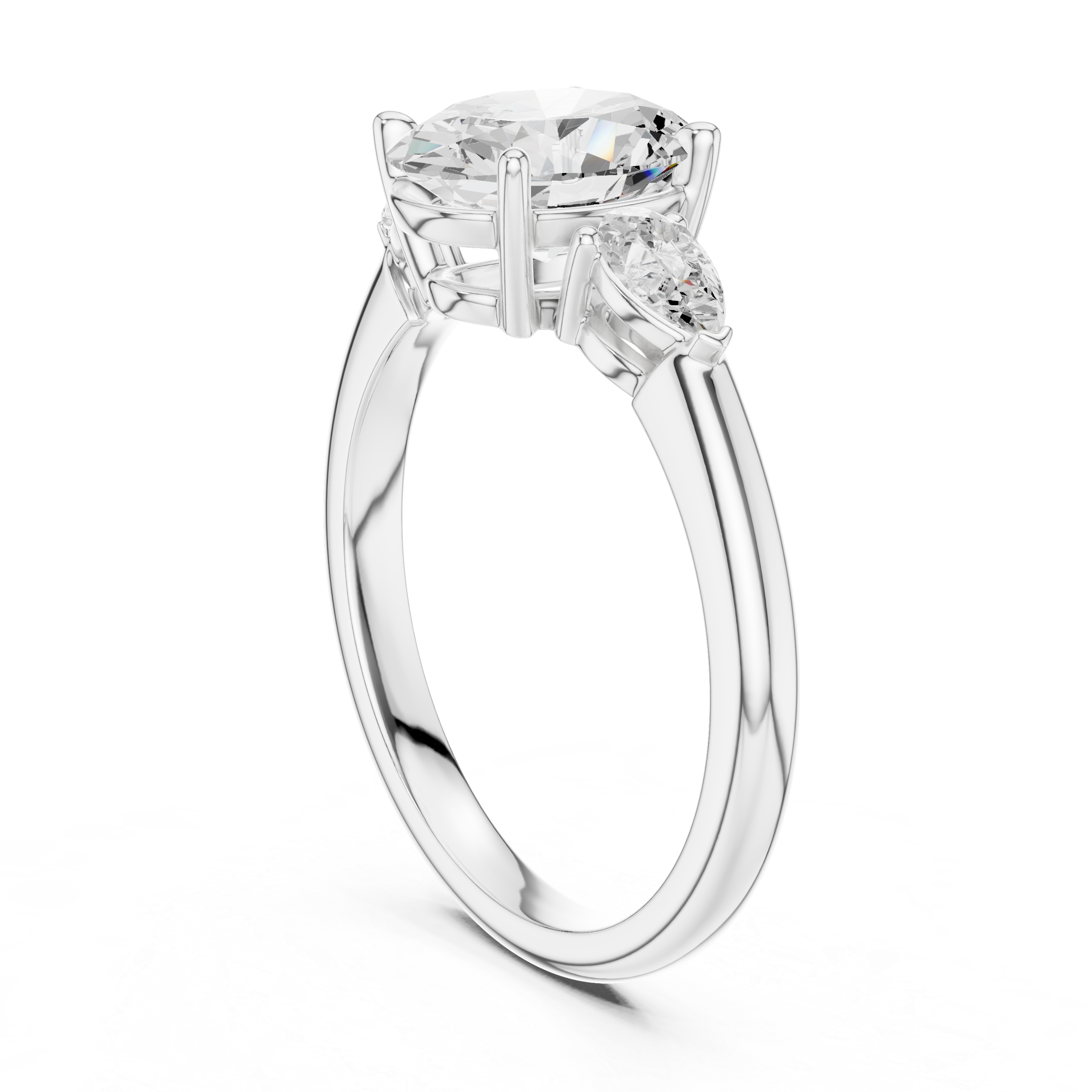 Oval Cut Three Stone Diamond Engagement Ring with Pear Side Stones