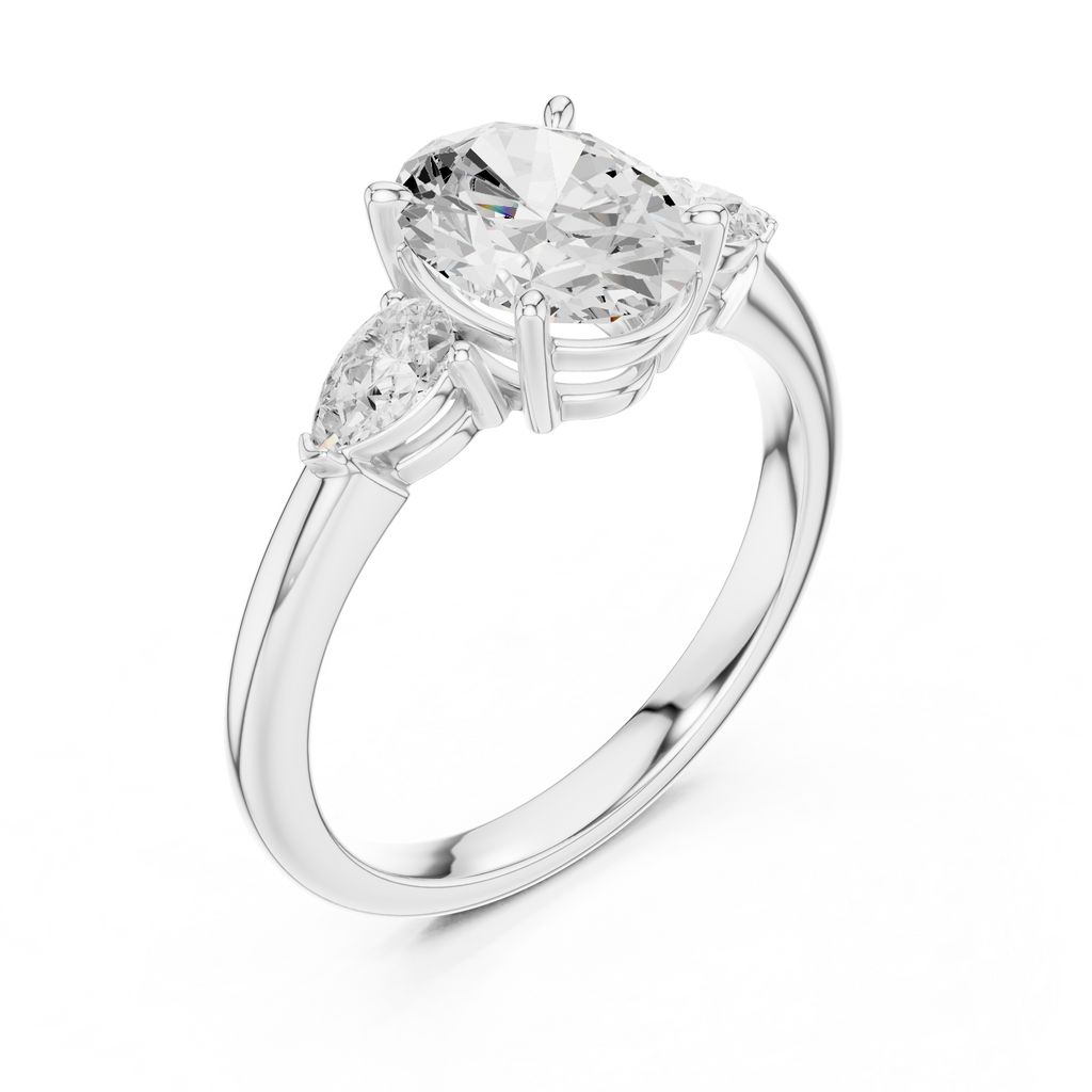 Oval Cut Three Stone Diamond Engagement Ring with Pear Side Stones